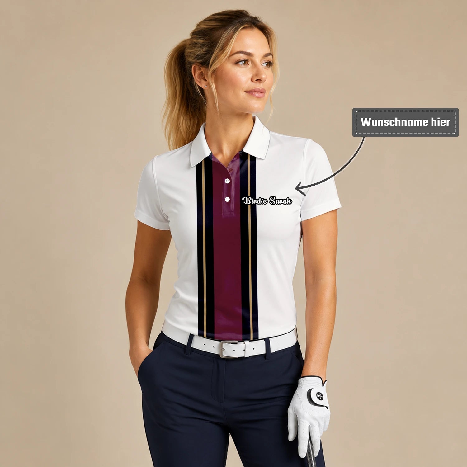 Personalisiertes Golf Poloshirt Weiß Bordeaux Schwarzes Rennstreifen Design für Damen G7028