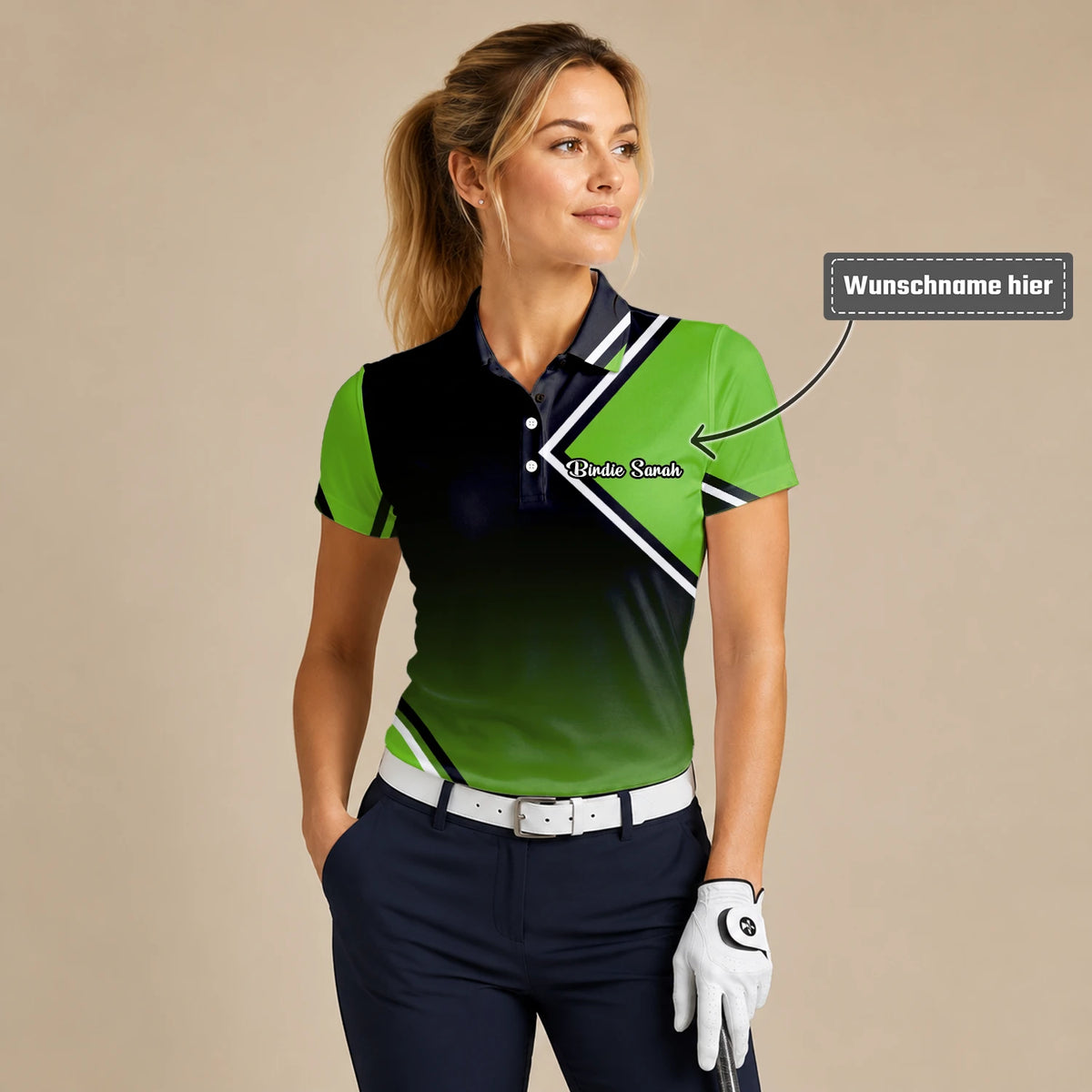 Personalisiertes Golf Poloshirt Schwarz Grünes Geometrisches Streifen Design für Damen V2638