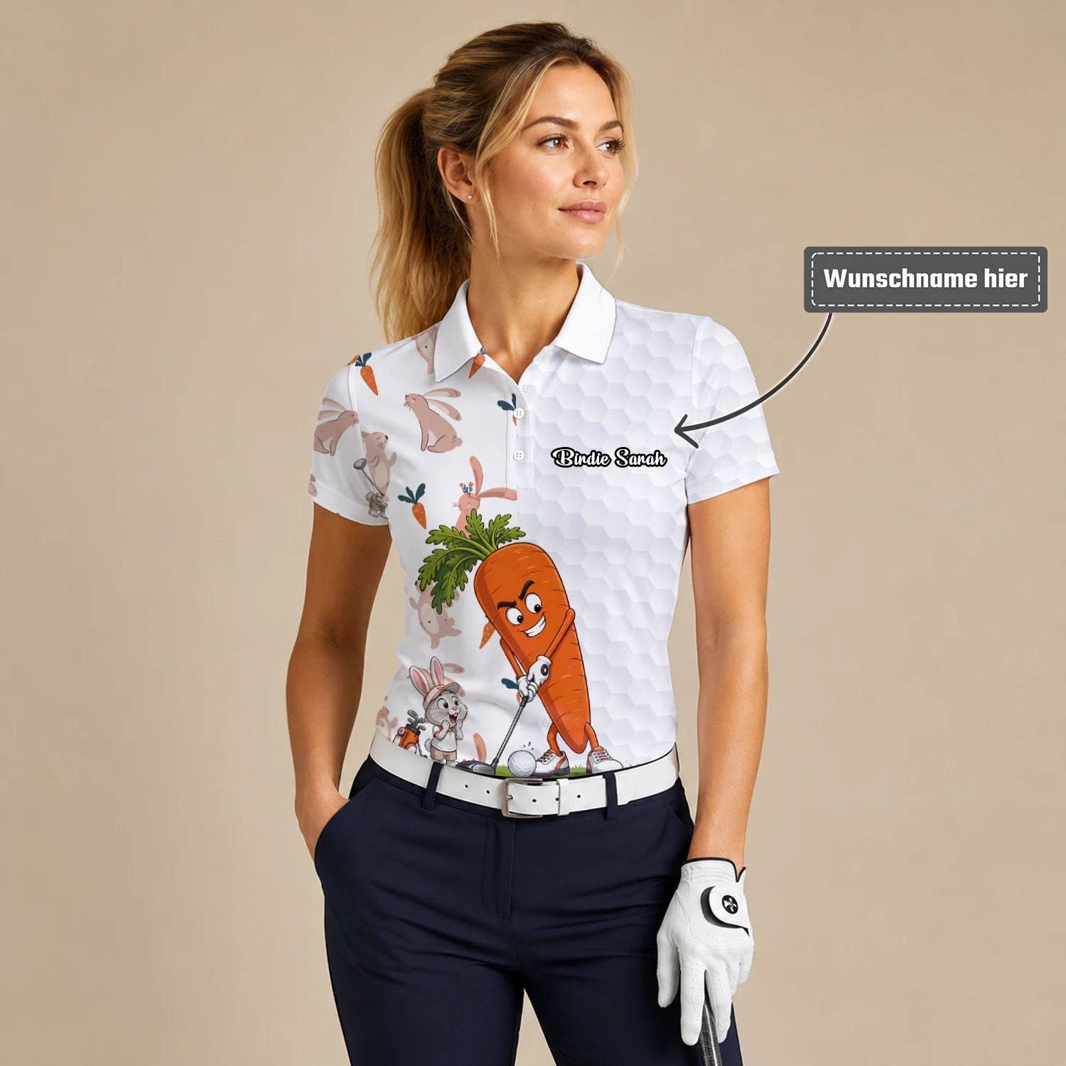 Personalisiertes Golf Poloshirt Weiß Karotten Hase Golfer Cartoon Design für Damen Y6359