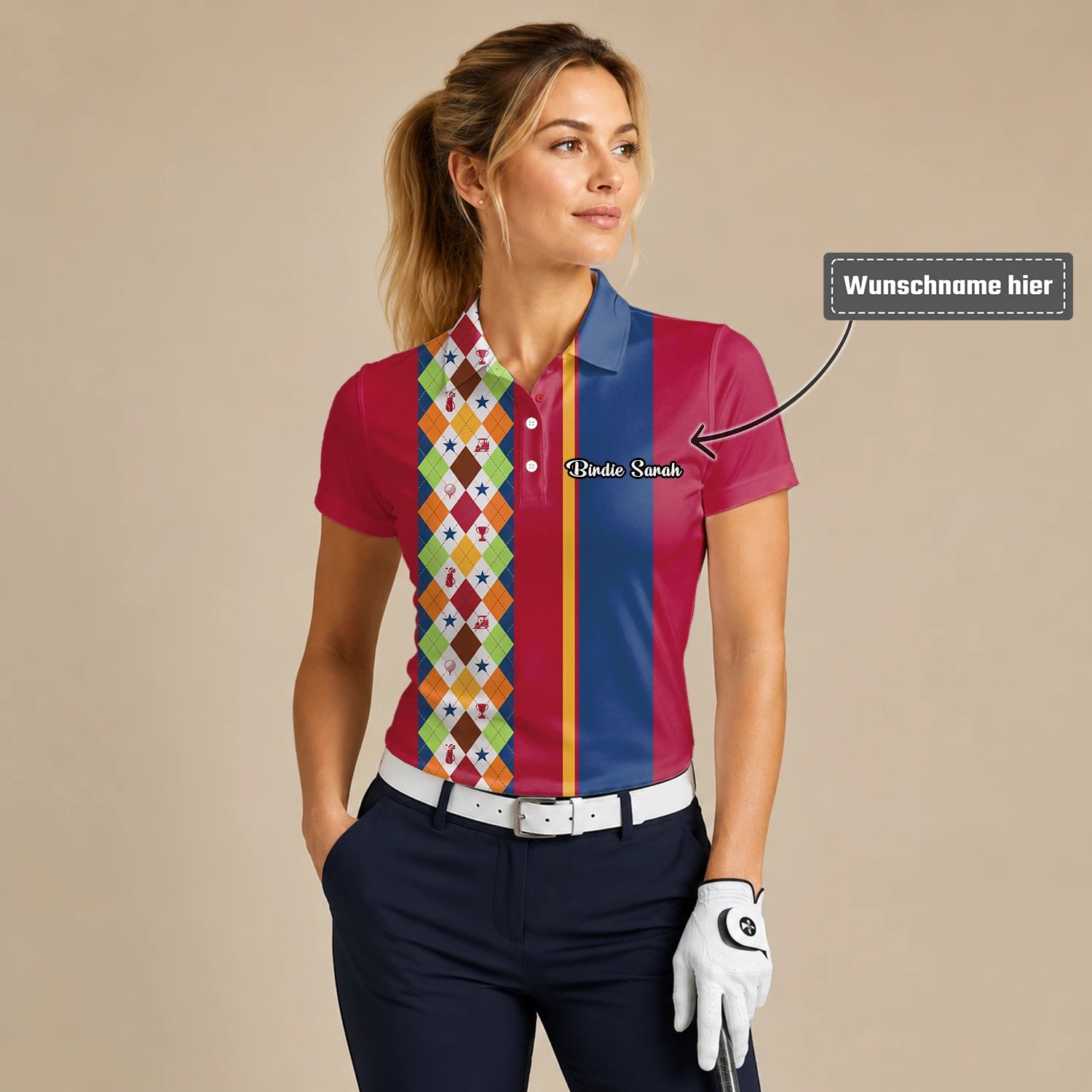Personalisiertes Golf Poloshirt Rot Blaues Buntes Rauten Muster für Damen V1769