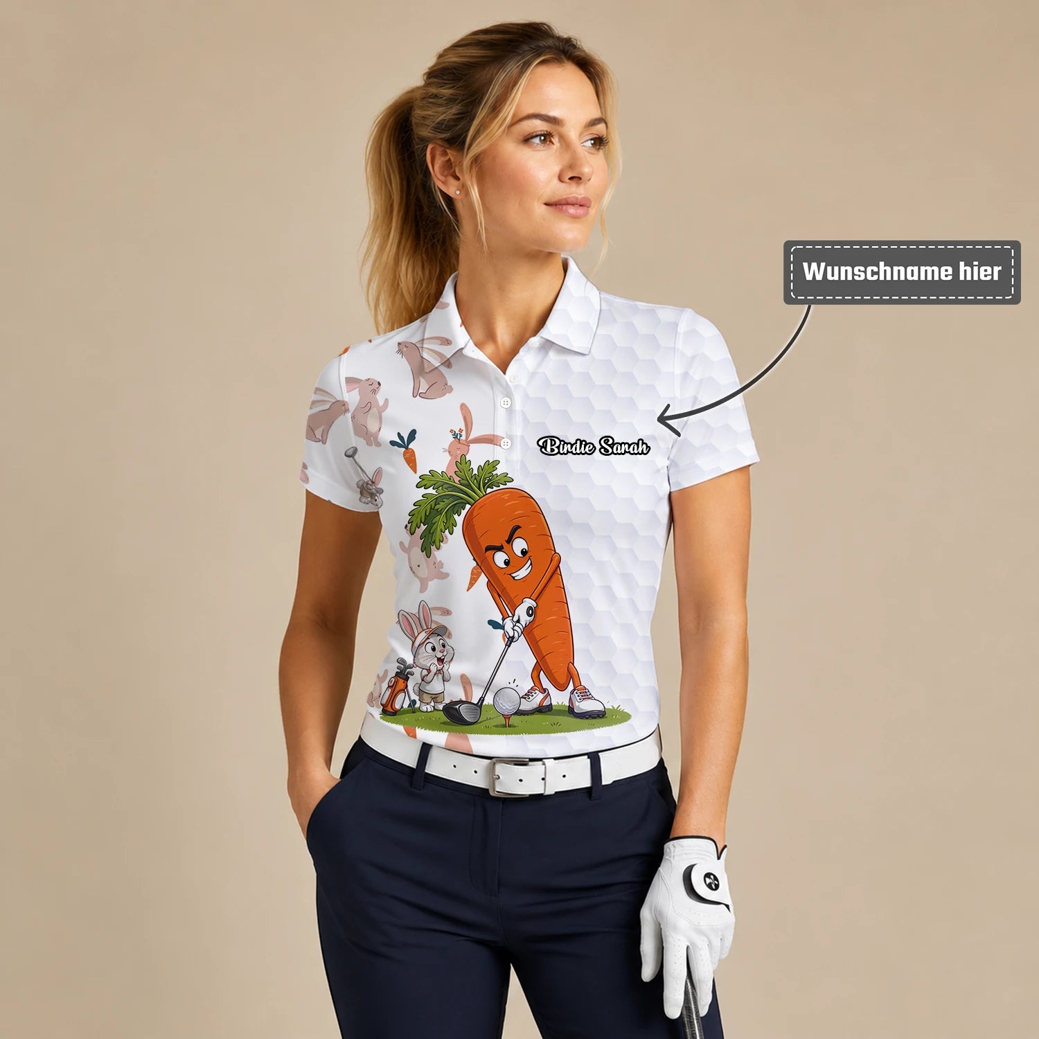 Personalisiertes Golf Poloshirt Weiß Karotten Hase Golfer Cartoon Design für Damen Y6359