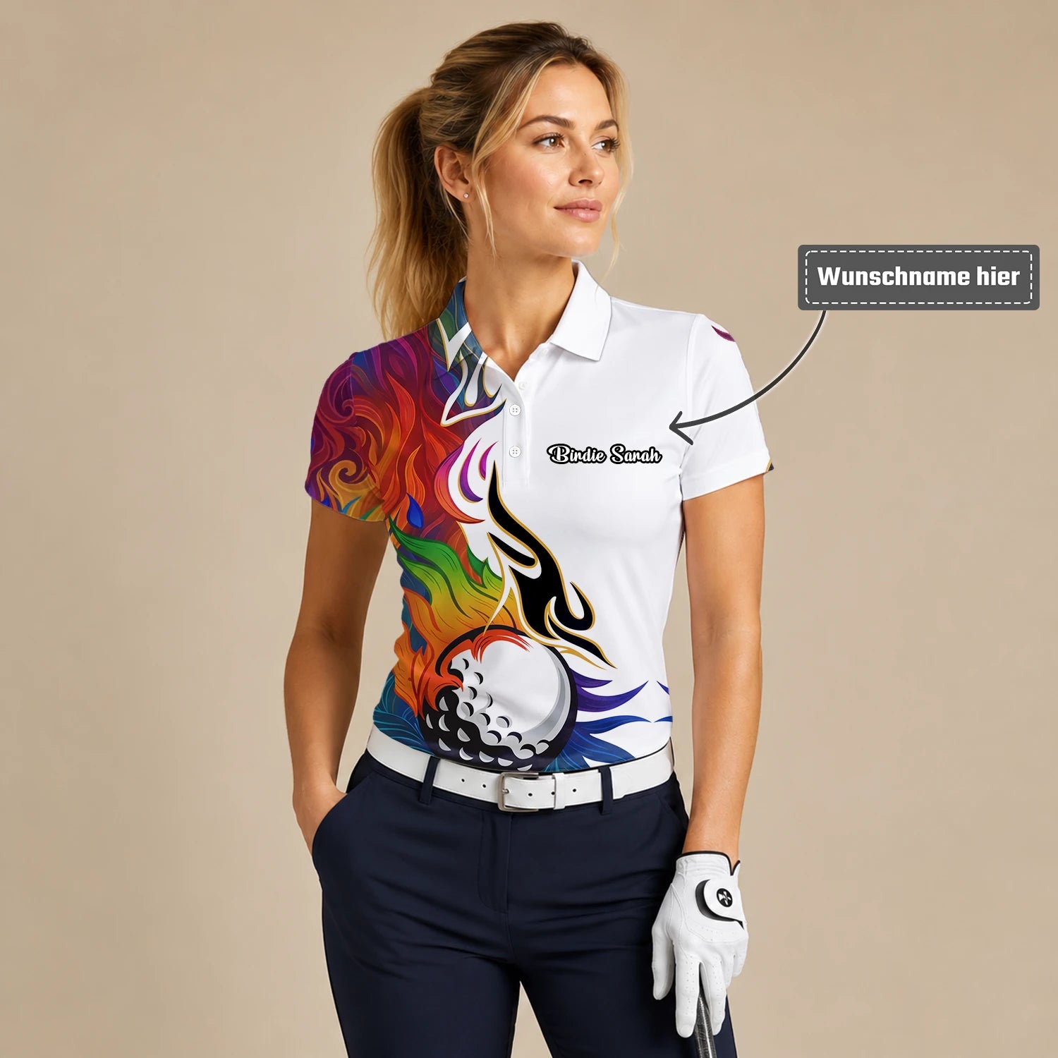 Personalisiertes Golf Poloshirt Weißes Regenbogen Flammen Golfball Design für Damen P6012