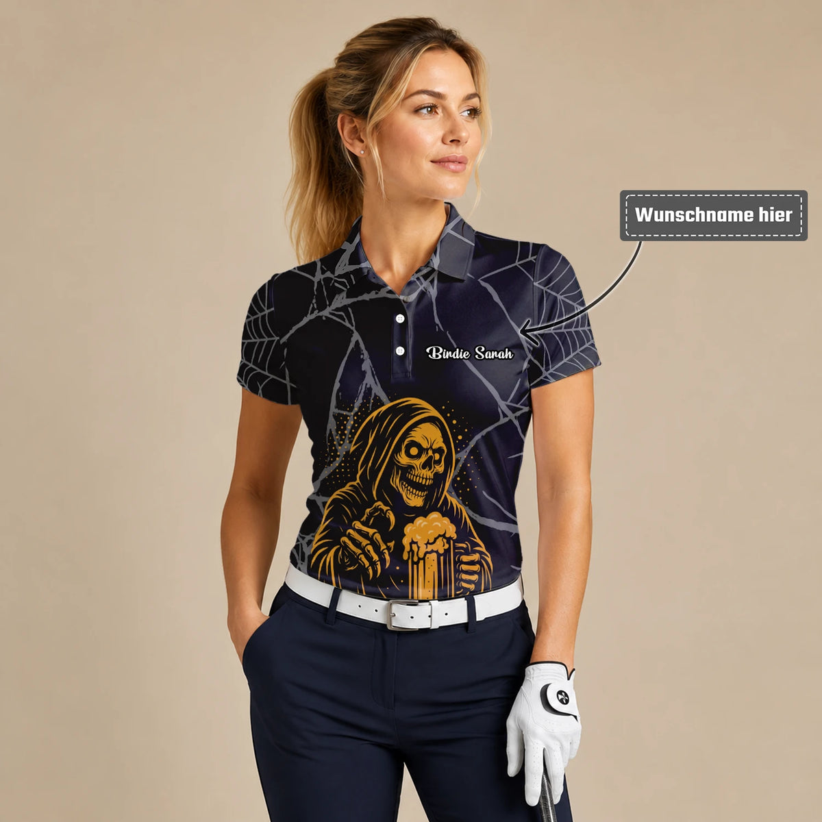 Personalisiertes Golf Poloshirt Schwarz Goldenes Sensenmann Bier Design für Damen J8667