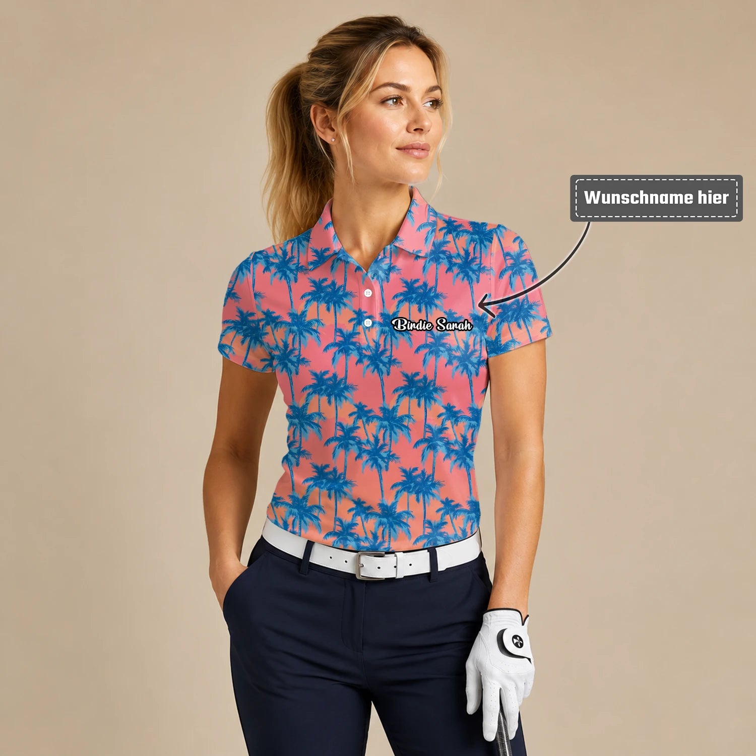 Personalisiertes Golf Poloshirt Korallenrosa Blaues Palmen Design für Damen A5845