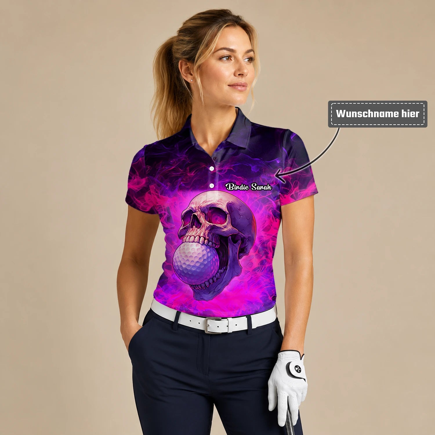 Personalisiertes Golf Poloshirt Lila Rosa Totenkopf Golfball Smoke Design für Damen L7637