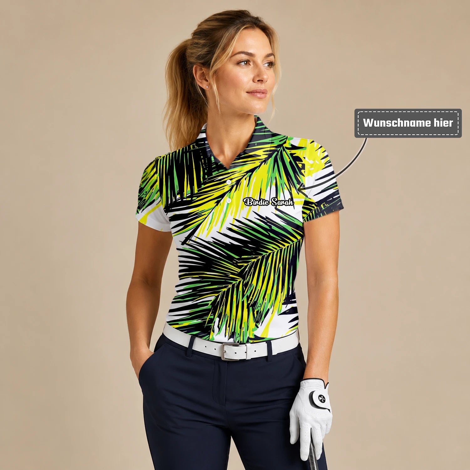 Personalisiertes Golf Poloshirt Schwarz Limettengrünes Tropisches Palmenblätter Design für Damen R3070