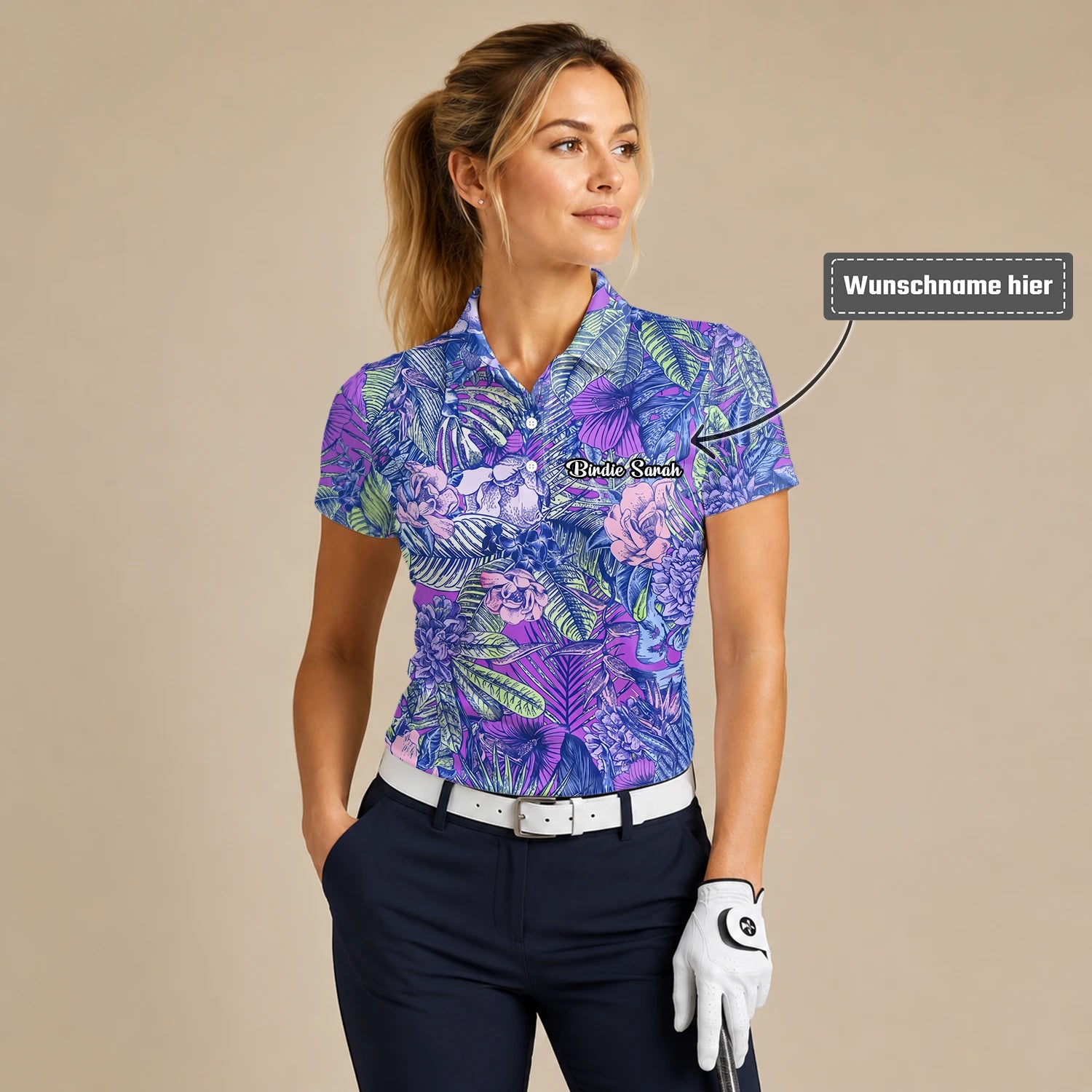 Personalisiertes Golf Poloshirt Lila Blaues Tropisches Blumen Blätter Design für Damen B8037