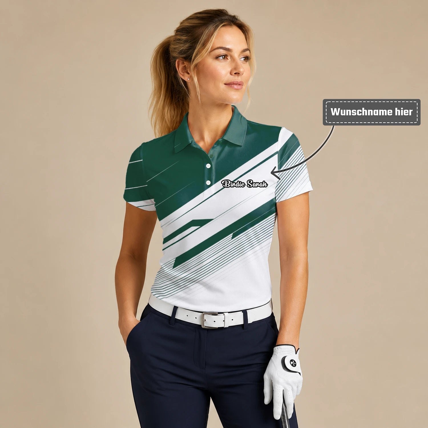Personalisiertes Golf Poloshirt Grün Weißes Abstraktes Streifen Design für Damen E5041