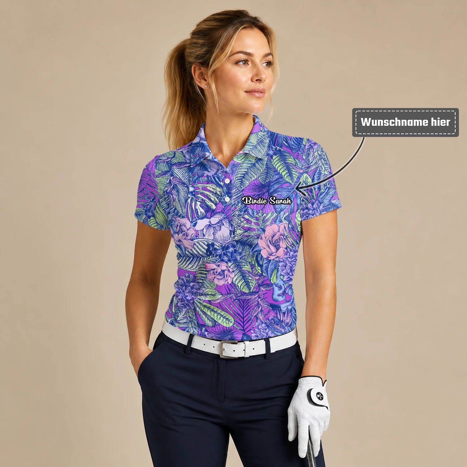 Personalisiertes Golf Poloshirt Lila Blaues Tropisches Blumen Blätter Design für Damen B8037