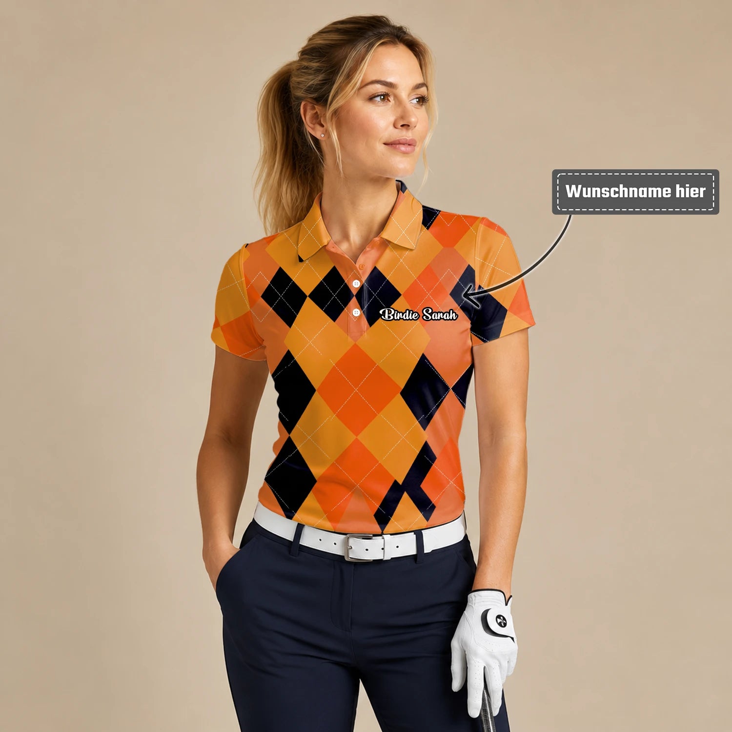 Personalisiertes Golf Poloshirt Orange Schwarzes Rauten Muster für Damen C4203