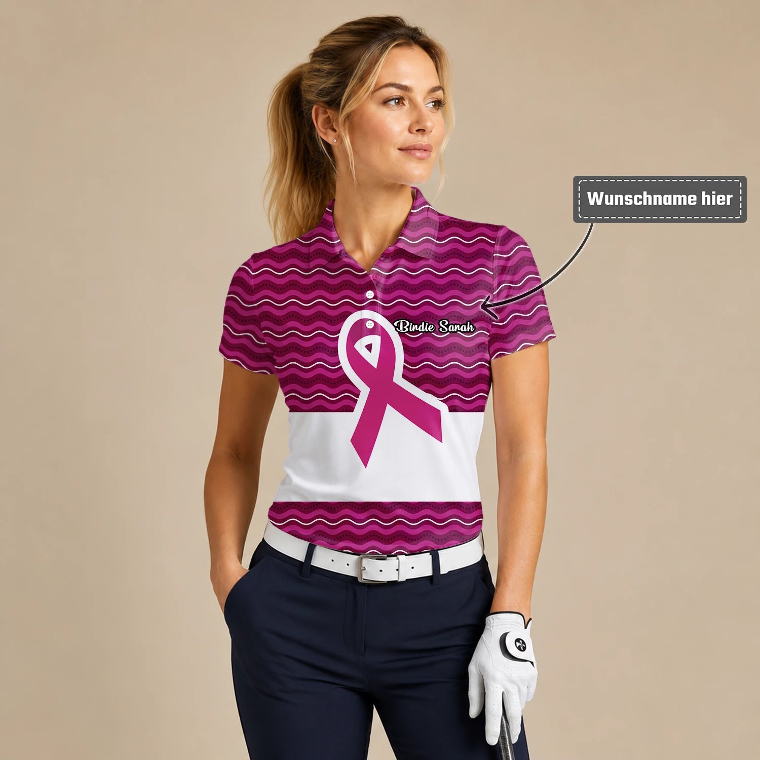 Personalisiertes Golf Poloshirt Rosa Brustkrebs Awareness Schleifen Wellen Design für Damen B1640