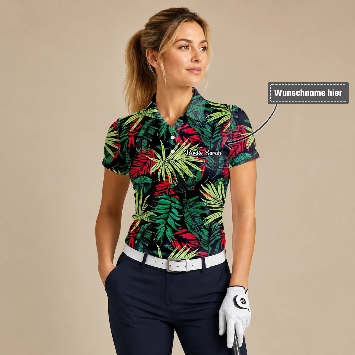 Personalisiertes Golf Poloshirt Schwarz Grün Rotes Tropisches Blätter Design für Damen U5191