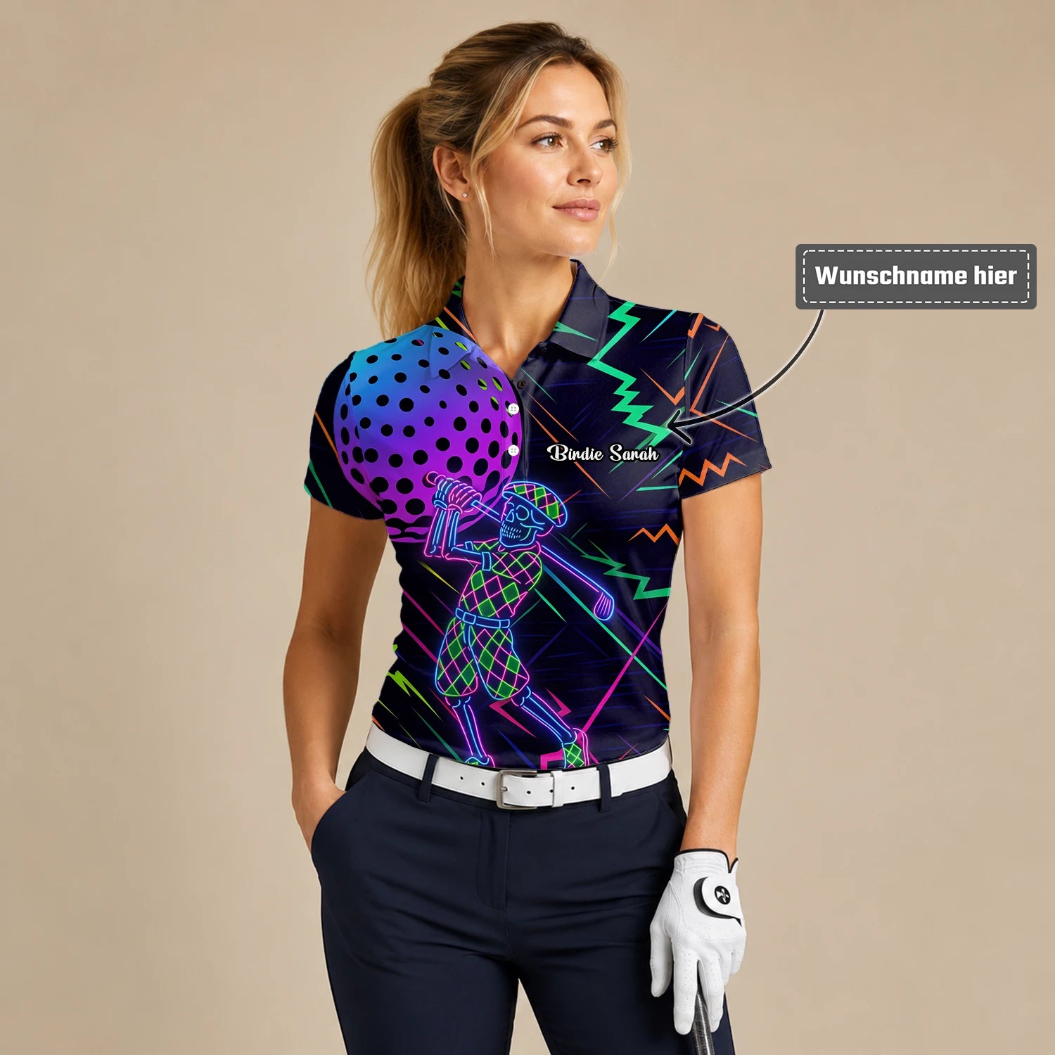 Personalisiertes Golf Poloshirt Schwarz Neon Golfer Wireframe Design für Damen L1481