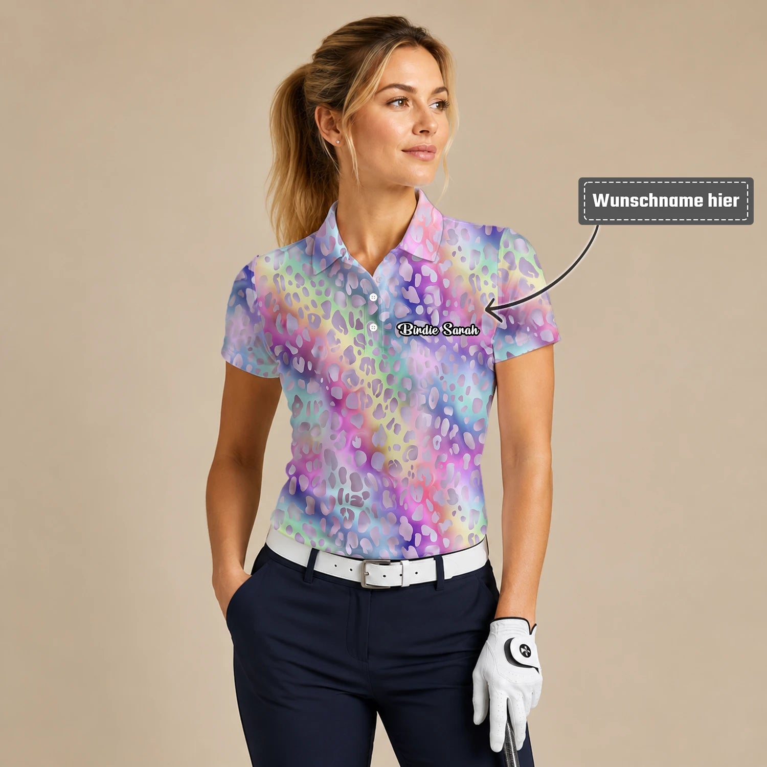 Personalisiertes Golf Poloshirt Pastell Regenbogen Leo Print Design für Damen E5373
