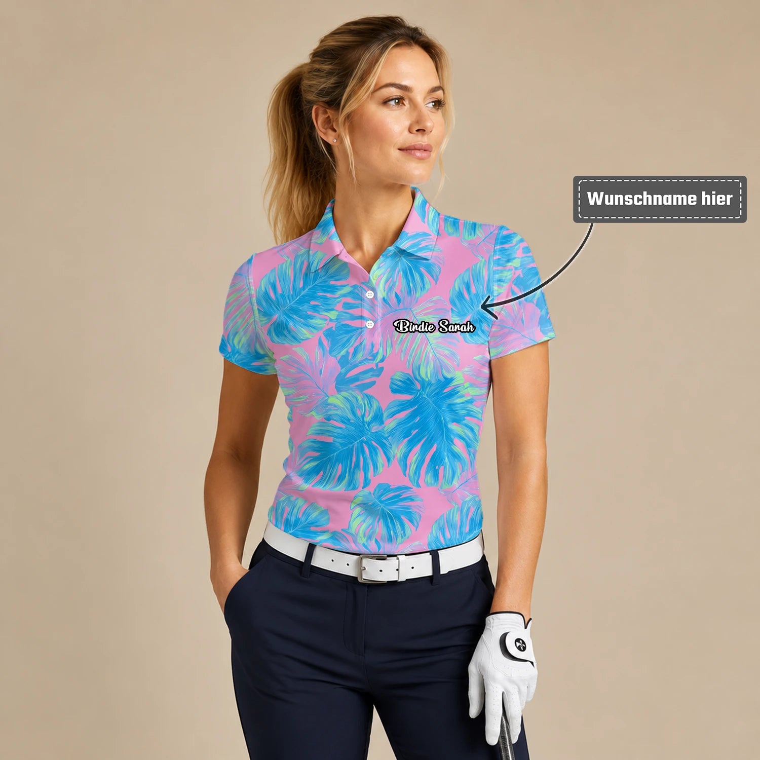 Personalisiertes Golf Poloshirt Rosa Türkis Tropisches Monstera Blätter Design für Damen C8385