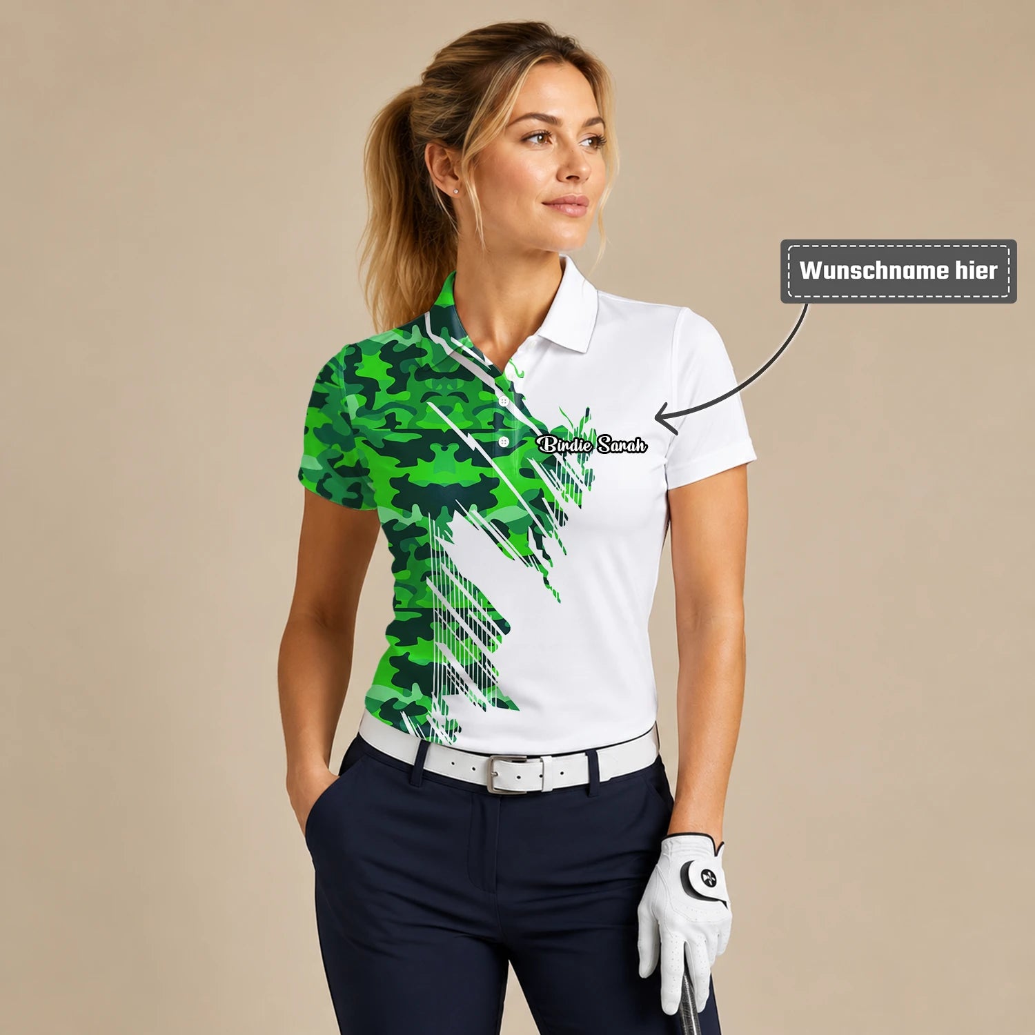 Personalisiertes Golf Poloshirt Weiß Grünes Camo Pinselstreifen Design für Damen E9788
