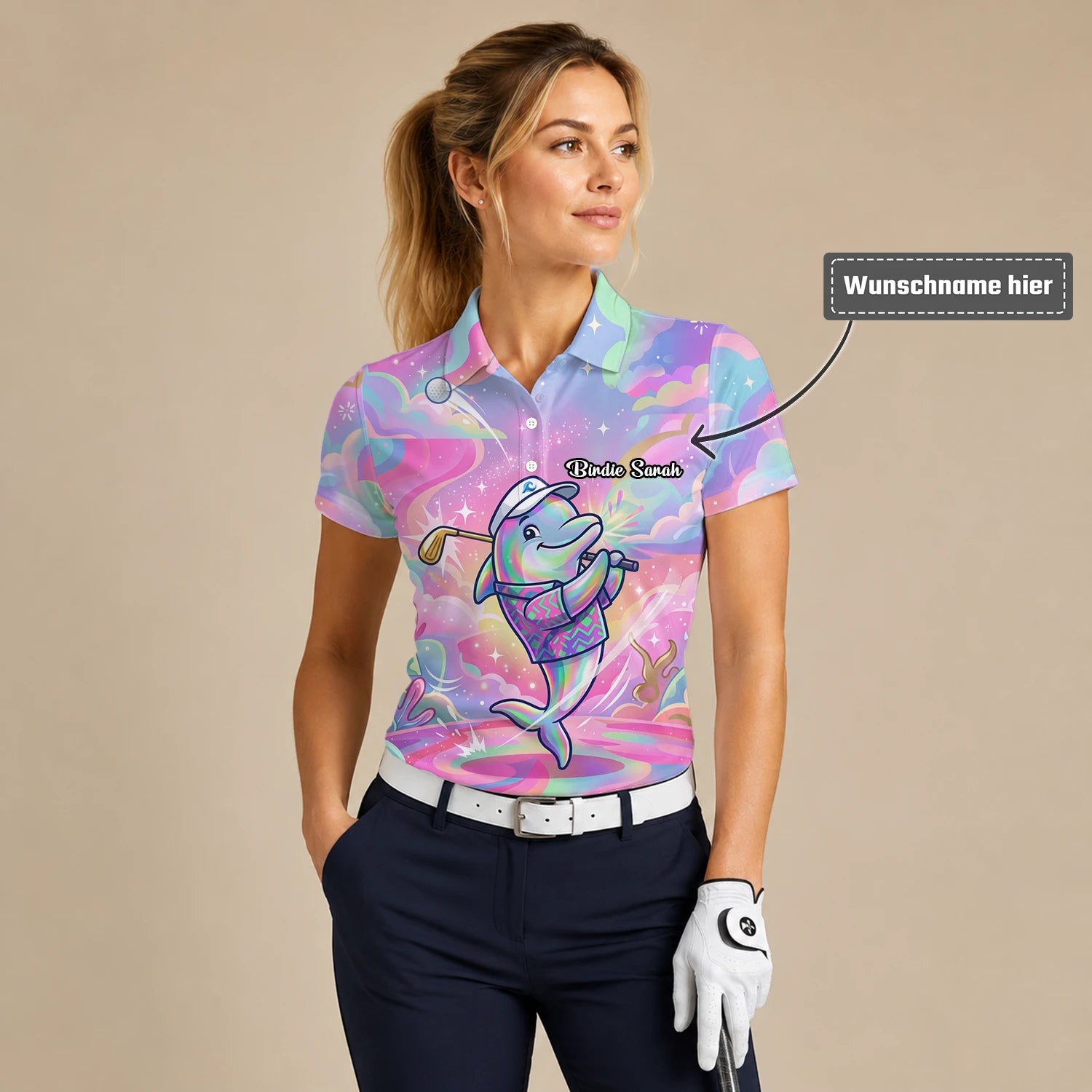 Personalisiertes Golf Poloshirt Pastell Regenbogen Delfin Golfer Cartoon Design für Damen L3862