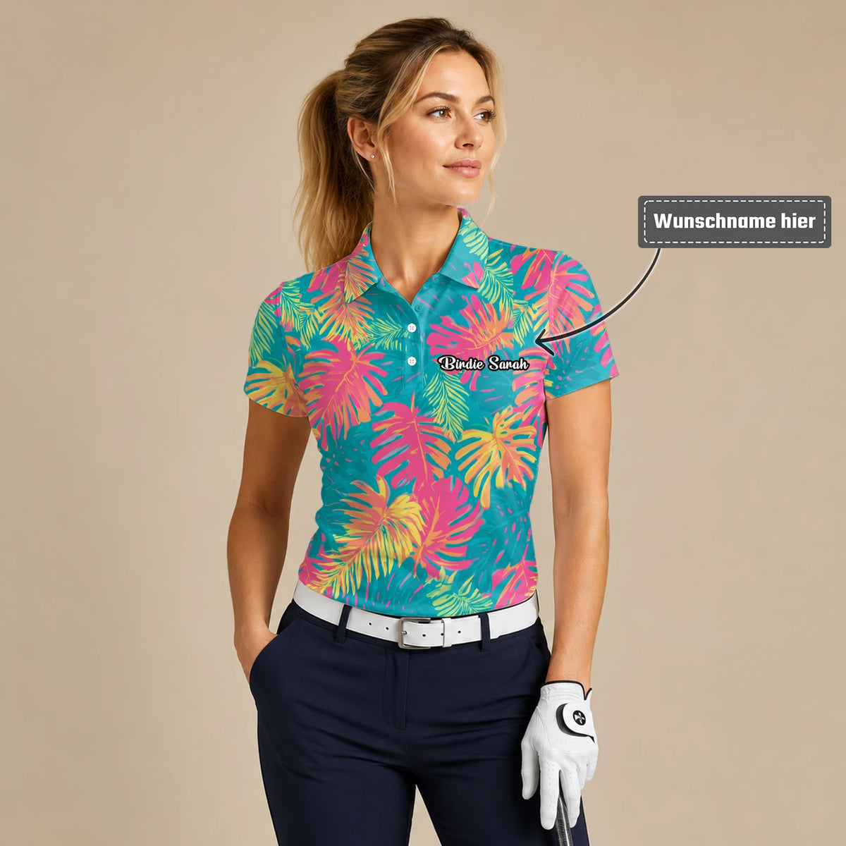 Personalisiertes Golf Poloshirt Türkis Korallenrotes Tropisches Blätter Design für Damen H8937