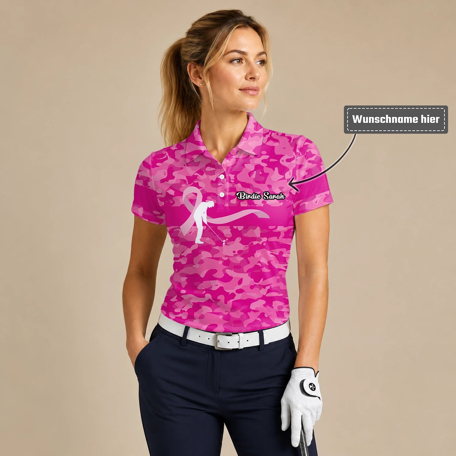 Personalisiertes Golf Poloshirt Rosa Camo Brustkrebs Awareness Schleifen Golfer Design für Damen Z3179