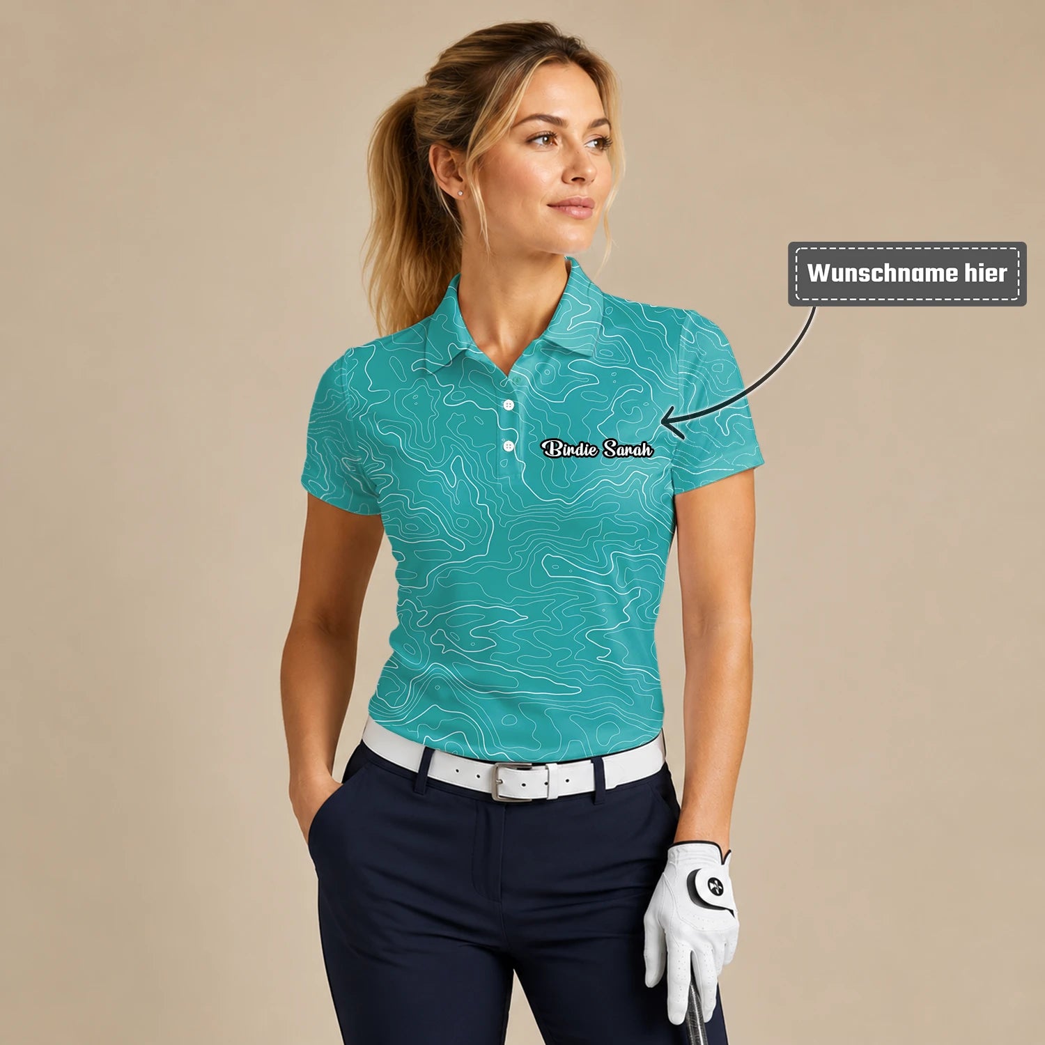 Personalisiertes Golf Poloshirt Türkisfarbenes Topografisches Konturlinien Design für Damen U3552