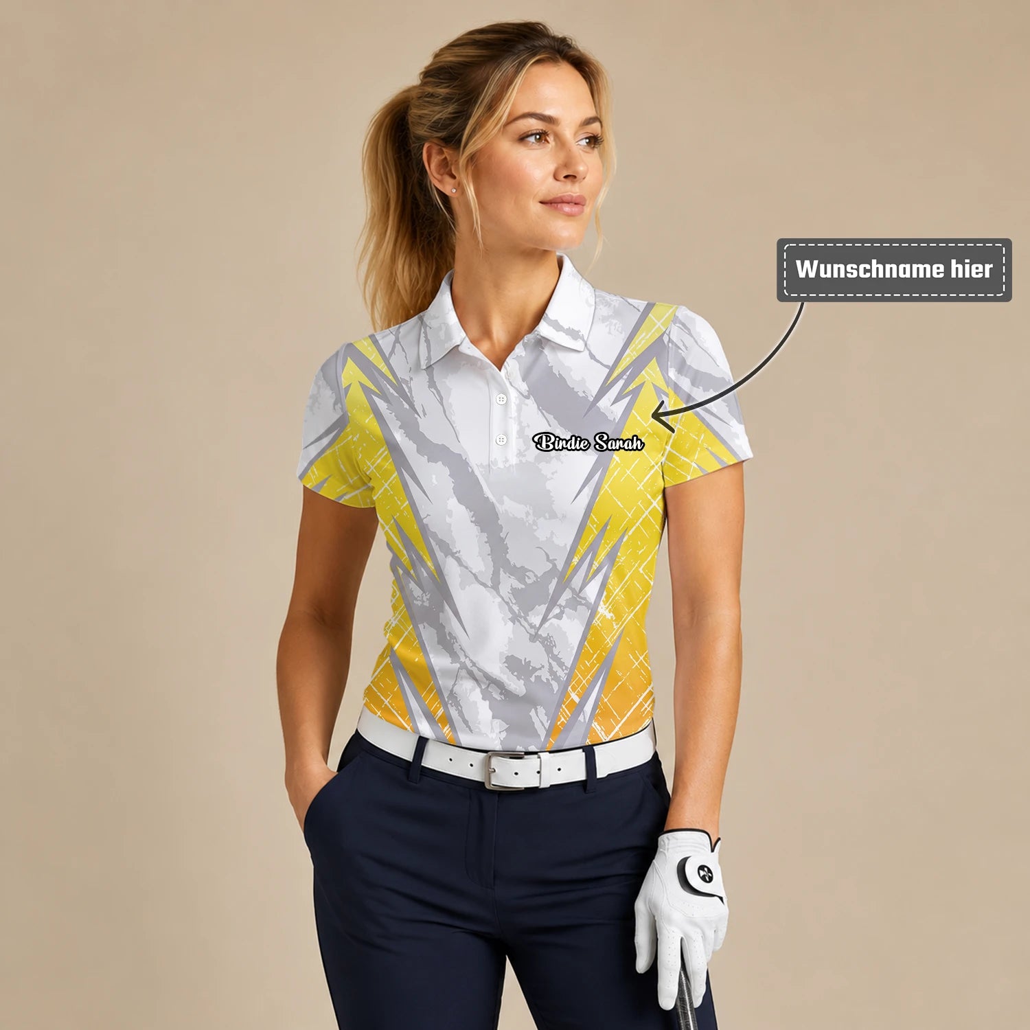 Personalisiertes Golf Poloshirt Weiß Grau Gelbes Marmor Streifen Design für Damen T6326