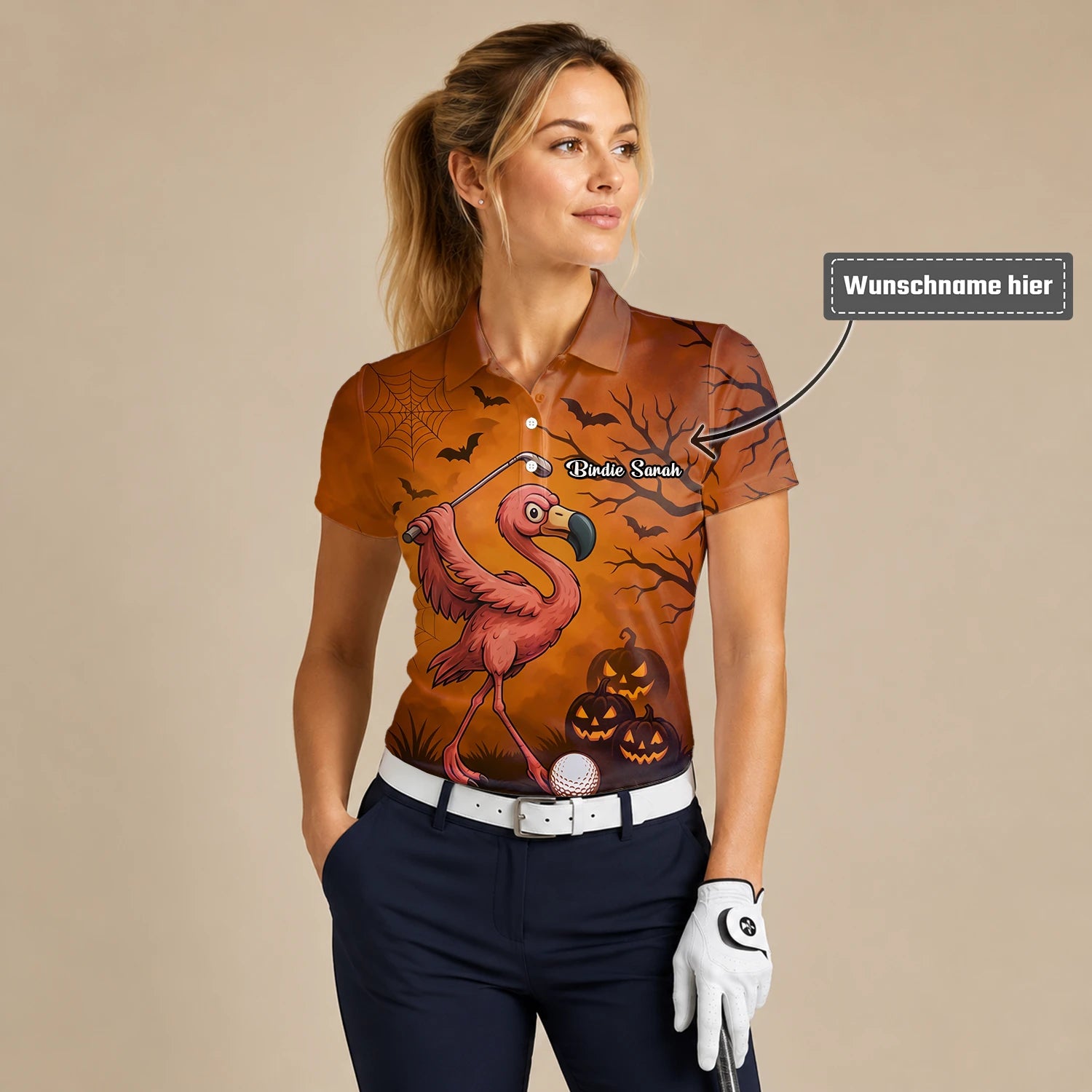 Personalisiertes Golf Poloshirt Orange Halloween Flamingo Golfer Kürbis Design für Damen V7072
