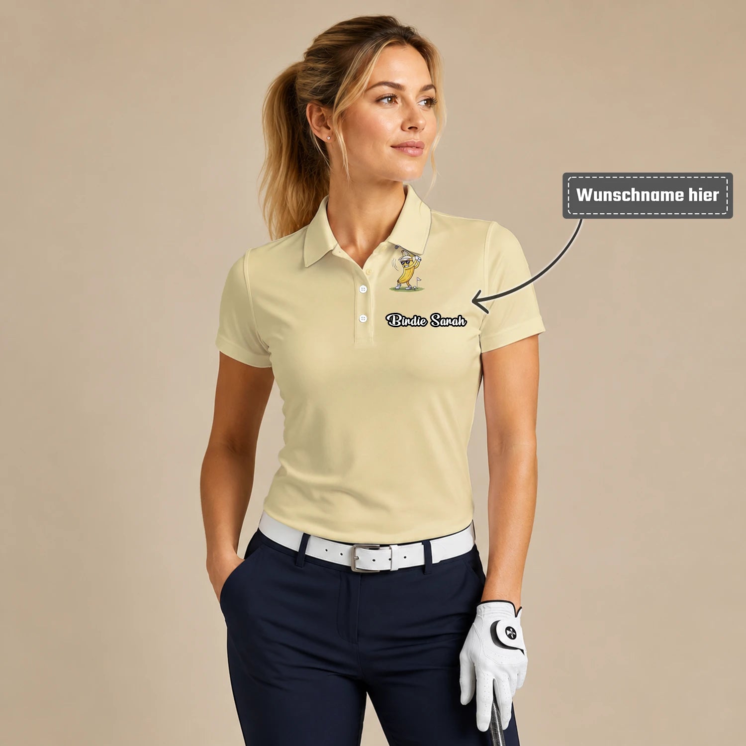 Personalisiertes Golf Poloshirt Hellgelbes Bananen Golfer Cartoon Design für Damen X9847
