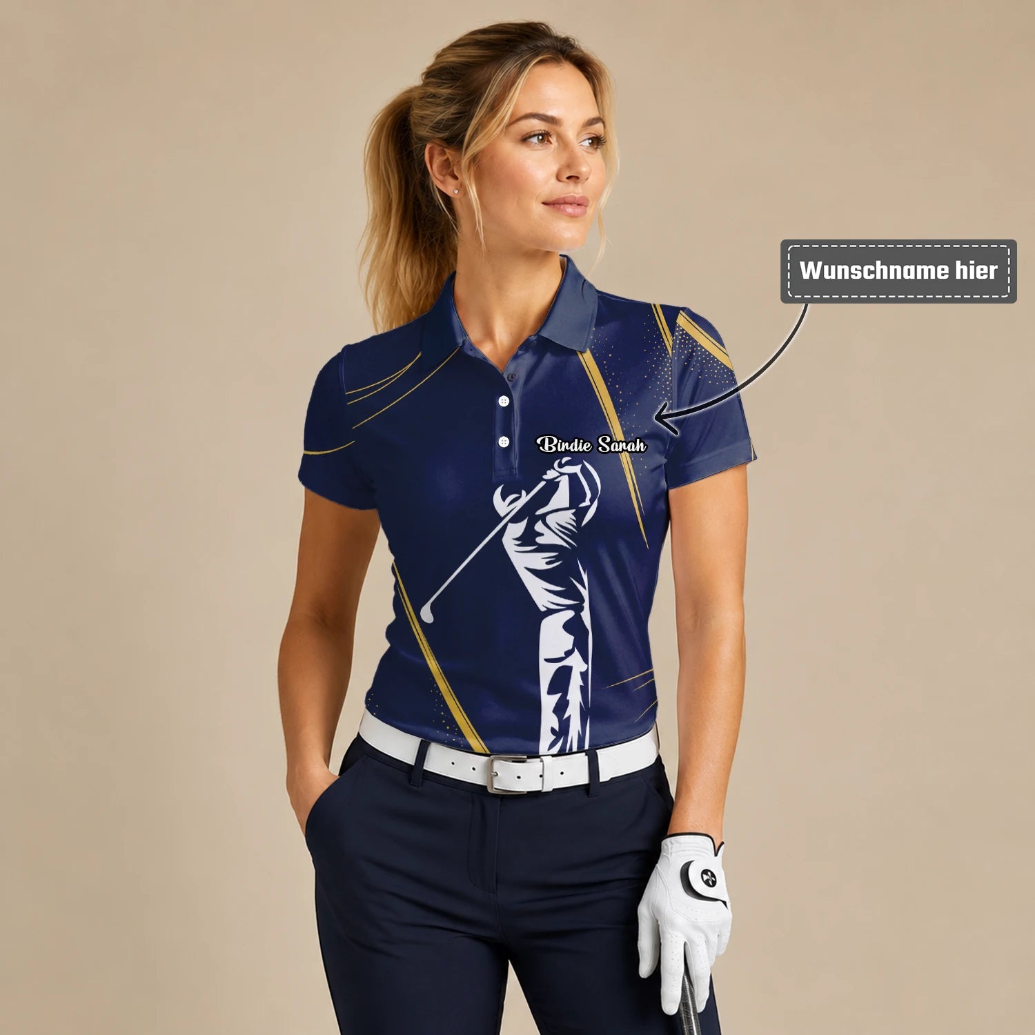 Personalisiertes Golf Poloshirt Marineblau Goldenes Golfer Schwung Silhouetten Design für Damen A1639