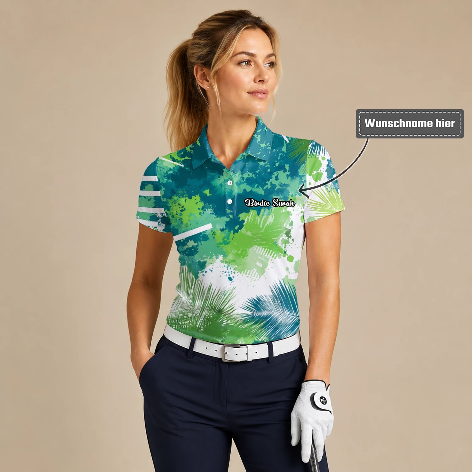 Personalisiertes Golf Poloshirt Grün Blaues Tropisches Blätter Farbklecks Design für Damen B7869