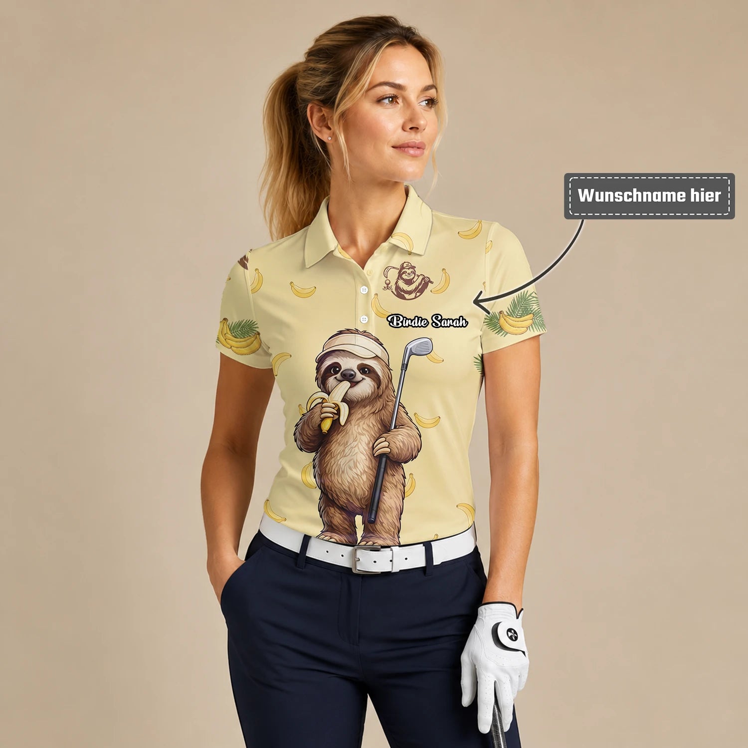 Personalisiertes Golf Poloshirt Hellgelbes Faultier Banane Golfer Cartoon Design für Damen G3327