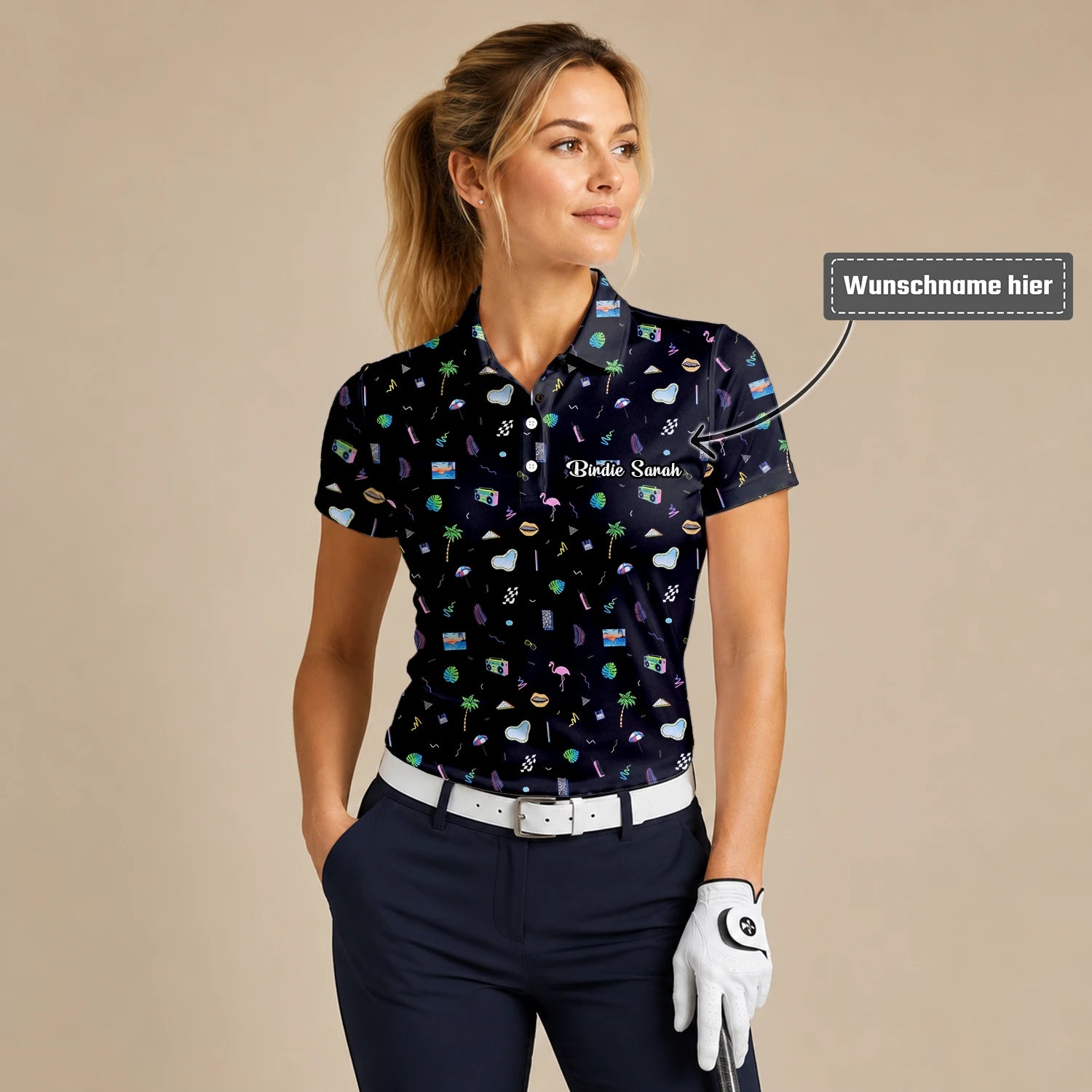 Personalisiertes Golf Poloshirt Schwarzes Urlaub Reise Doodle Design für Damen V7883