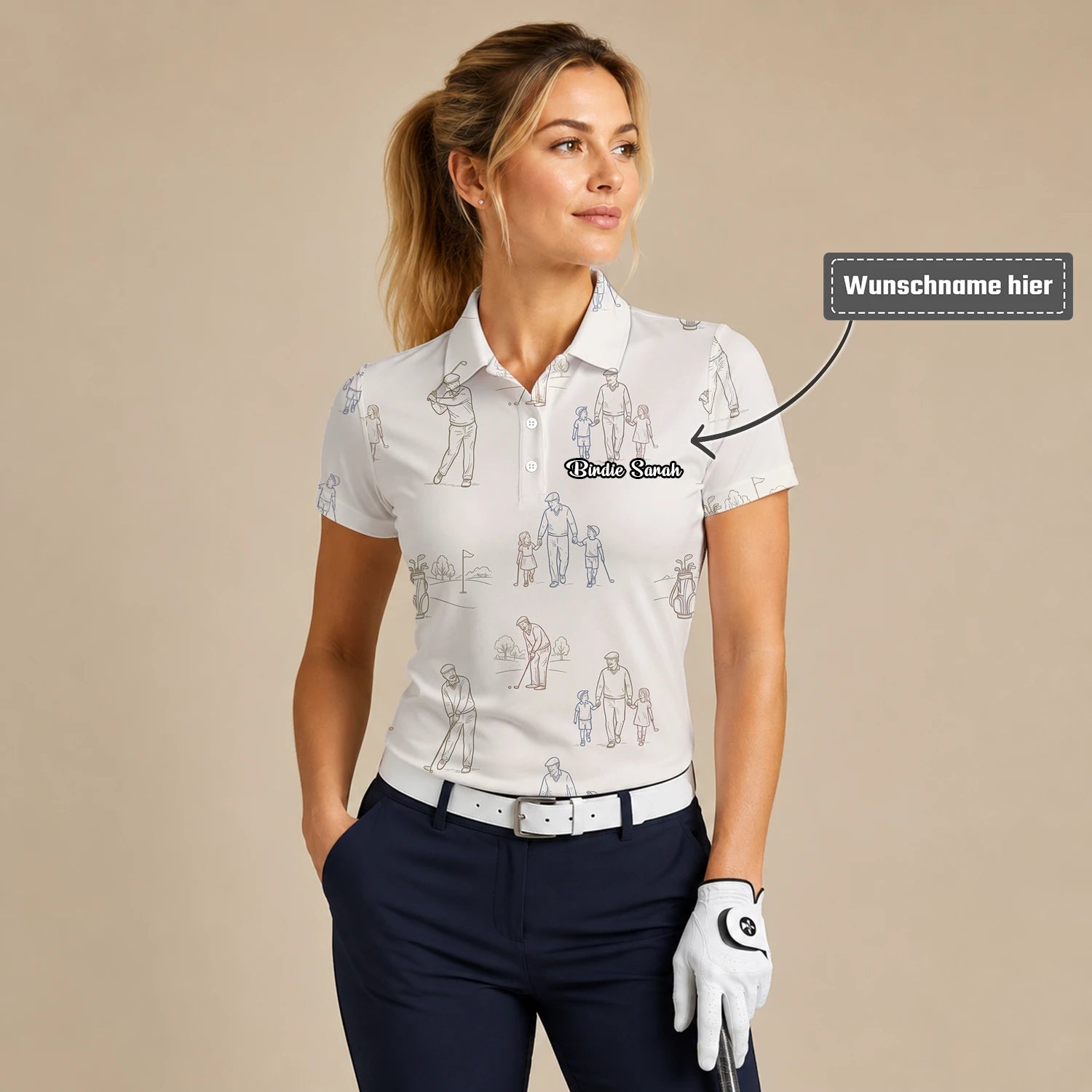Personalisiertes Golf Poloshirt Beige Vintage Golfspieler Skizzen Design für Damen D6556