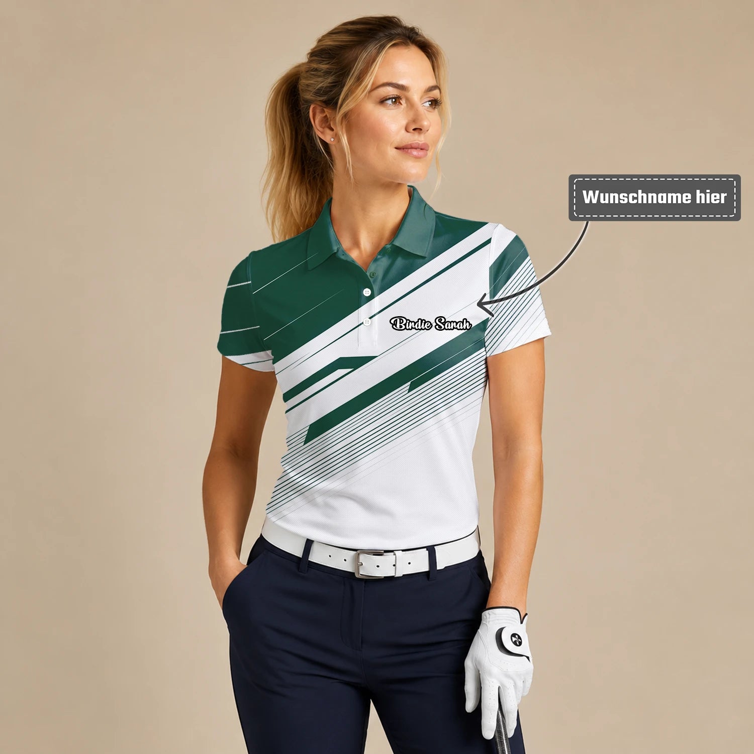 Personalisiertes Golf Poloshirt Grün Weißes Abstraktes Streifen Design für Damen E5041