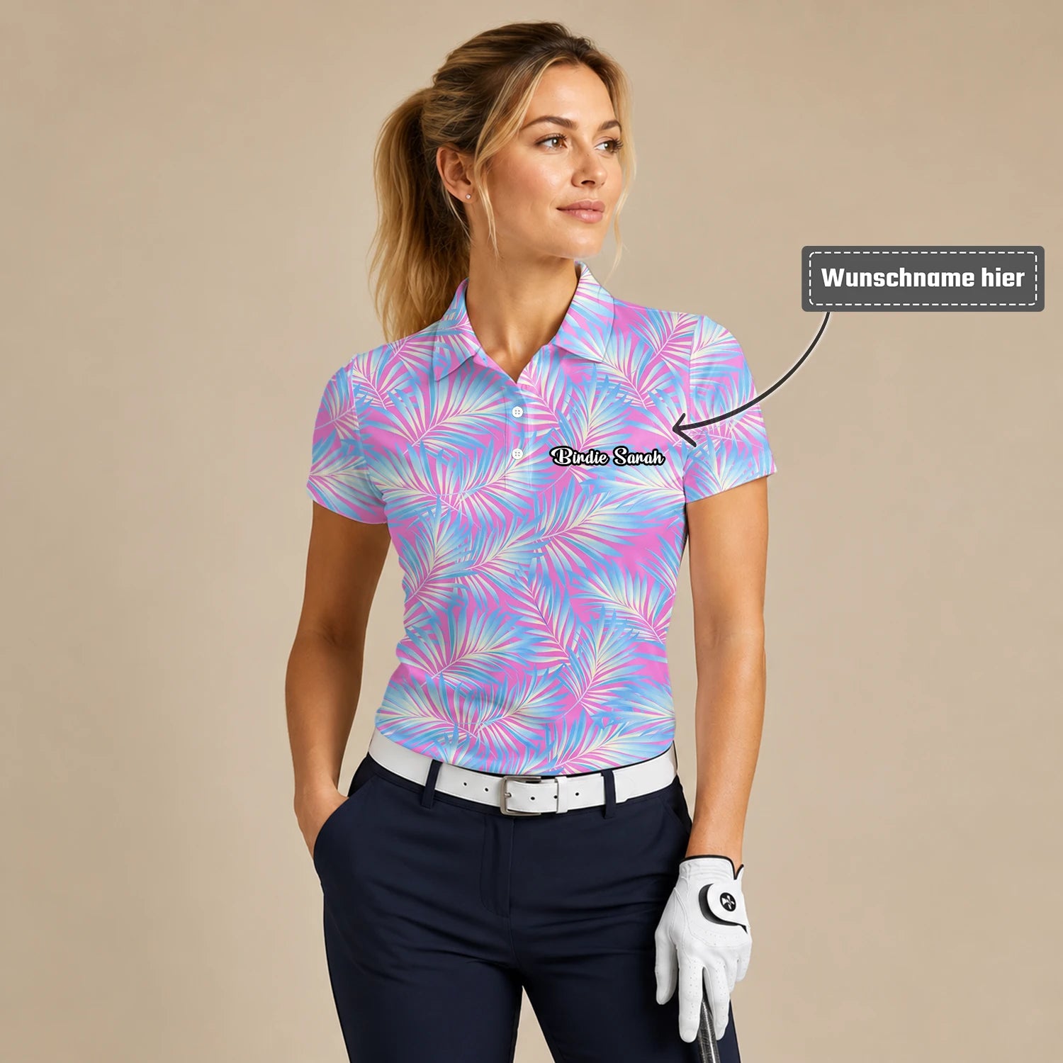 Personalisiertes Golf Poloshirt Rosa Blaues Palmenblätter Design für Damen F1458