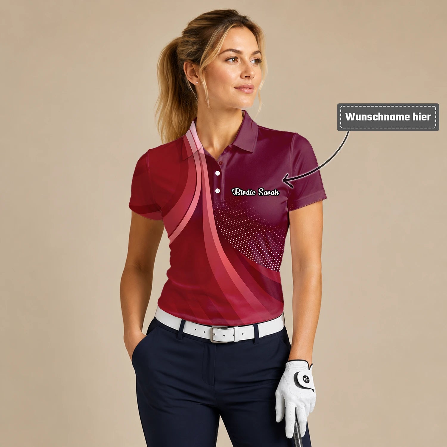 Personalisiertes Golf Poloshirt Bordeaux Rotes Abstraktes Wellen Design für Damen B4612