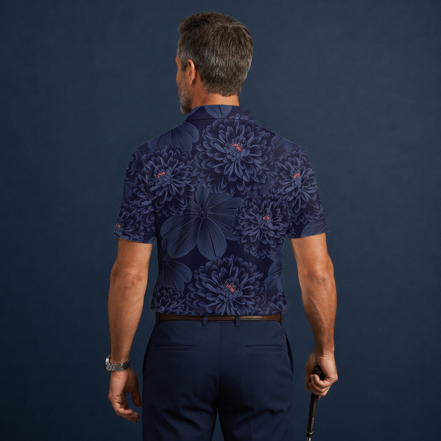 Personalisiertes Golf Poloshirt Dunkelblaues Chrysanthemen Blumen Design für Herren A0086