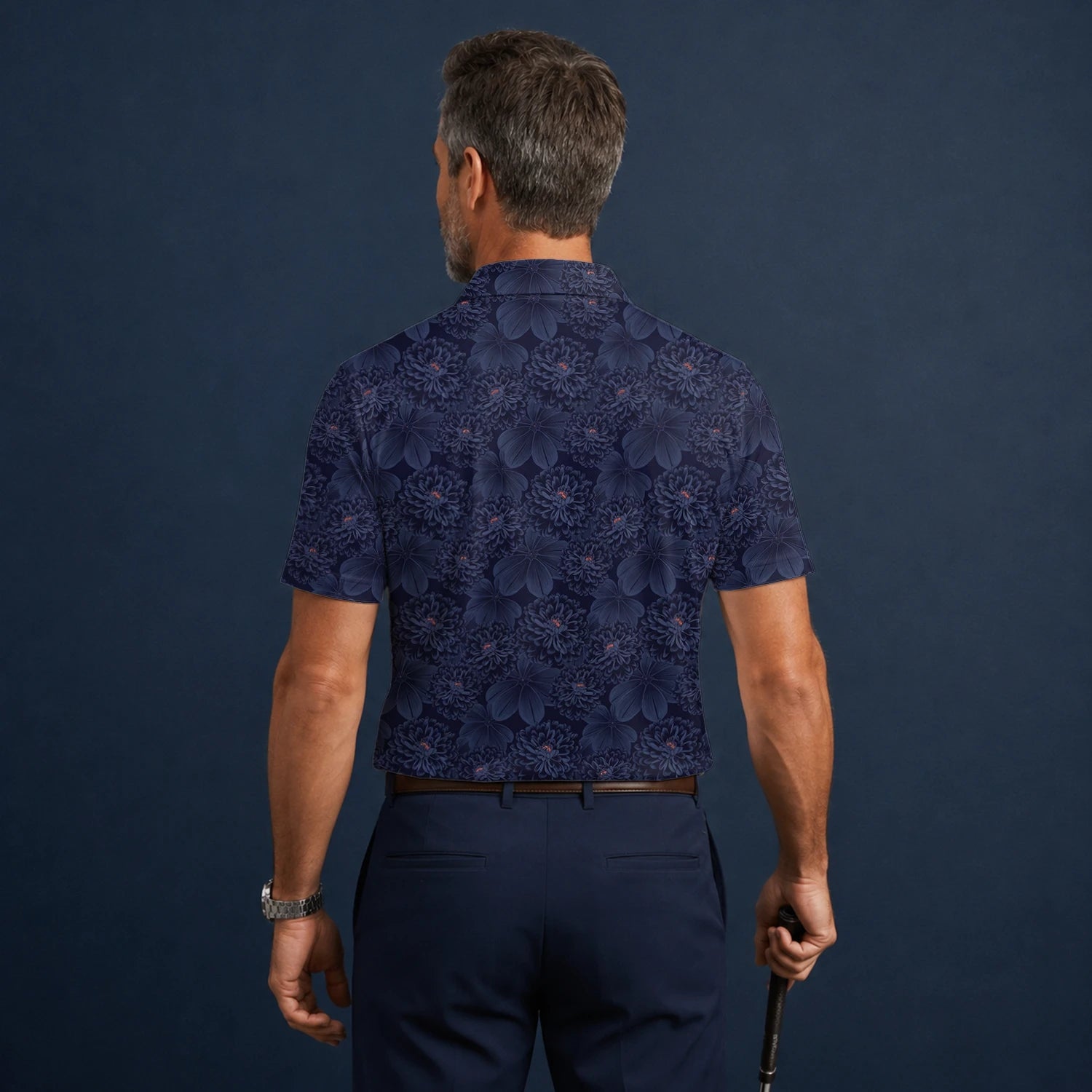 Personalisiertes Golf Poloshirt Dunkelblaues Chrysanthemen Blumen Design für Herren A0086
