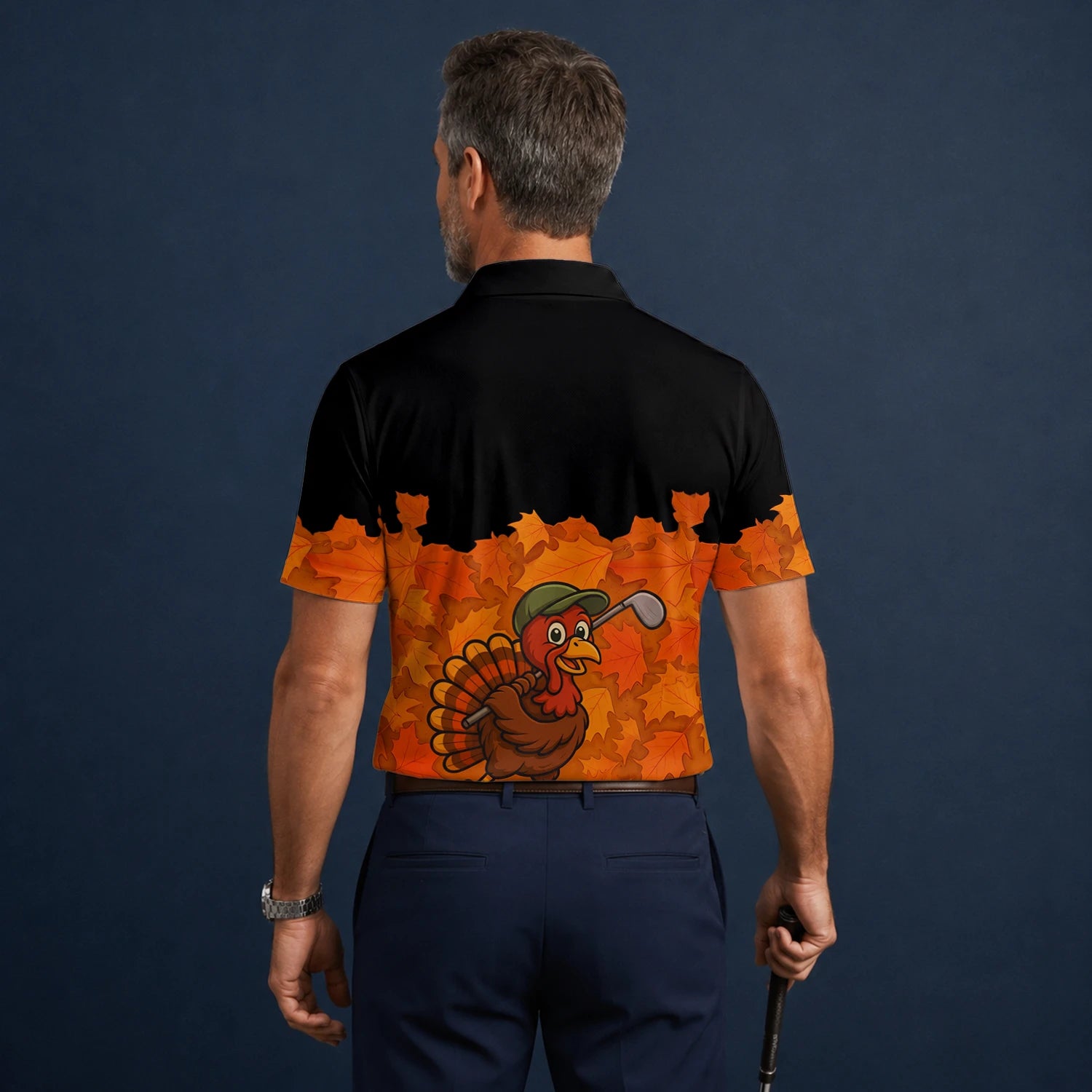 Personalisiertes Golf Poloshirt Schwarz Orange Thanksgiving Truthahn Golfer Design für Herren W0964