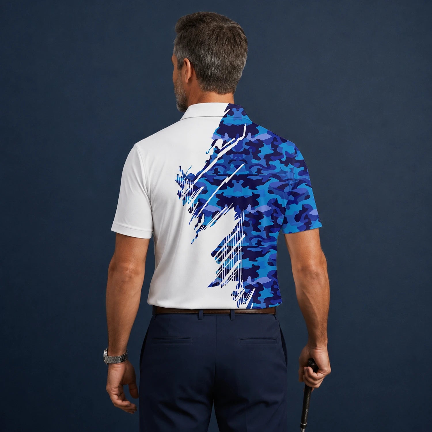 Personalisiertes Golf Poloshirt Weiß Blaues Camo Pinselstrich Design für Herren M3845