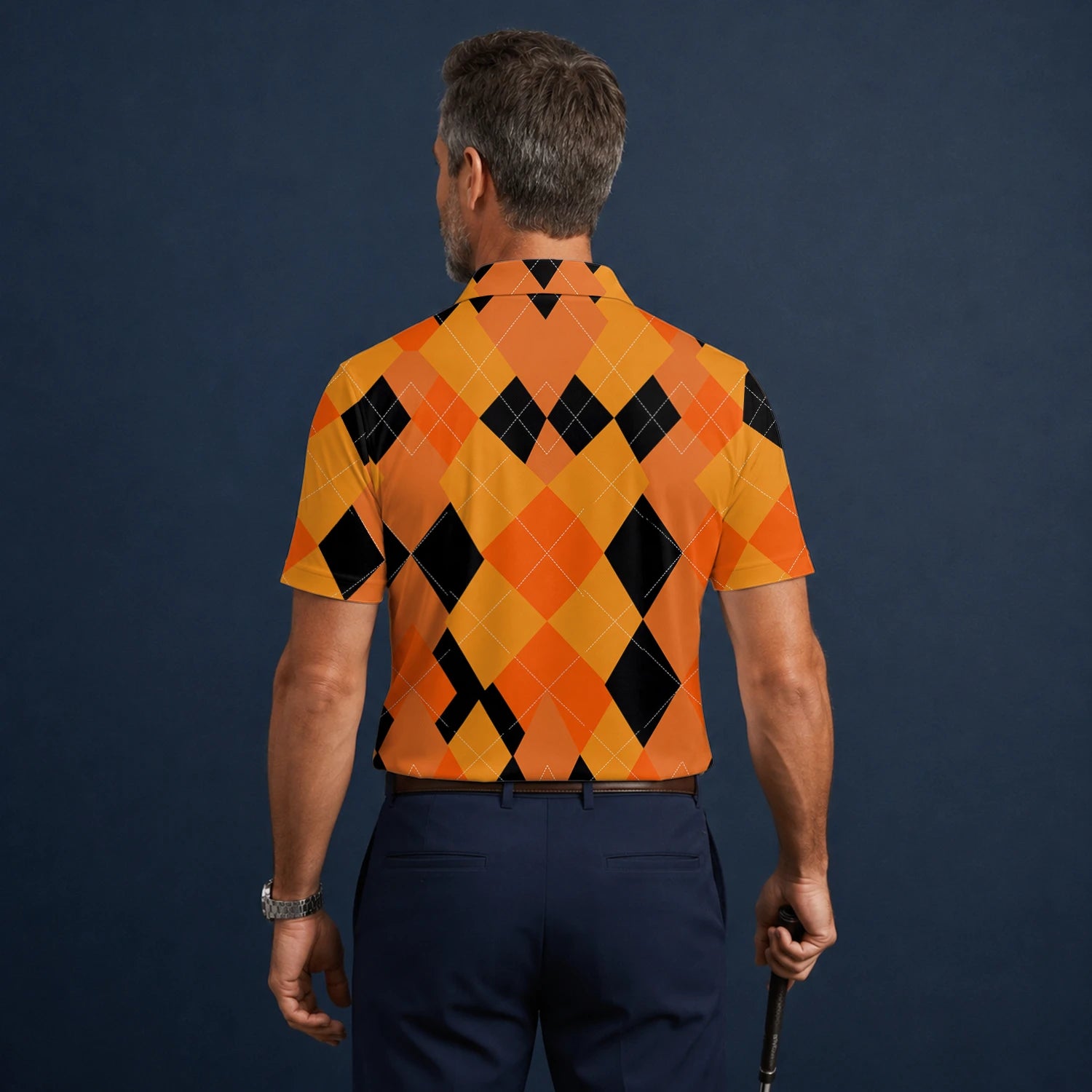 Personalisiertes Golf Poloshirt Orange Schwarzes Rauten Muster für Herren C4203