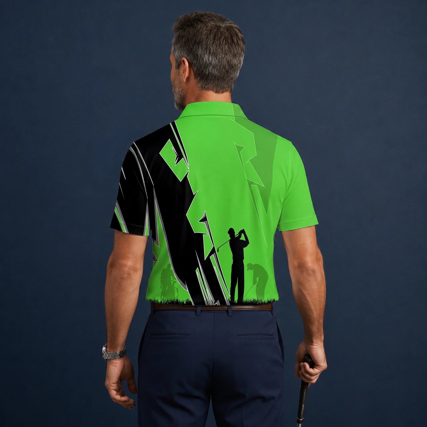 Personalisiertes Golf Poloshirt Limettengrünes Golfer Silhouetten Blitz Design für Herren V5316