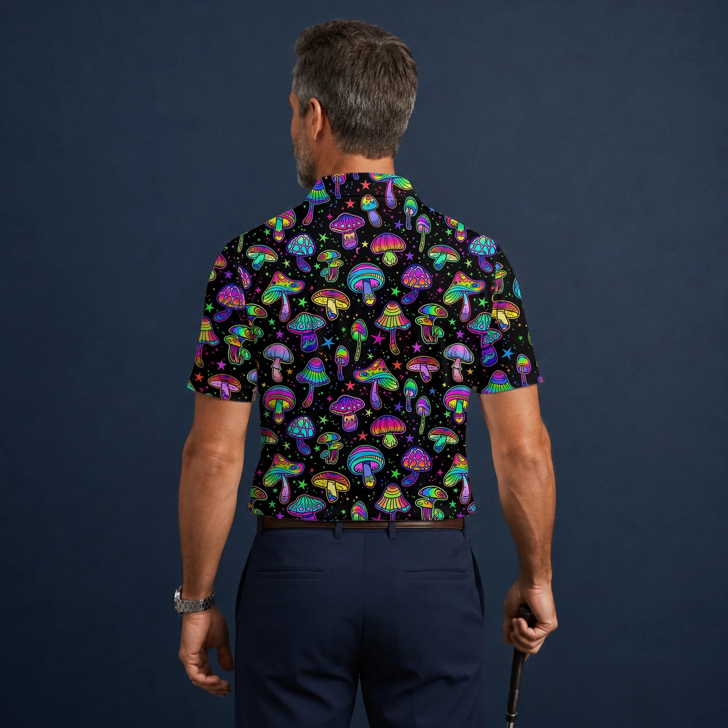 Personalisiertes Golf Poloshirt Schwarz Neon Pilz Psychedelisches Design für Herren L0182