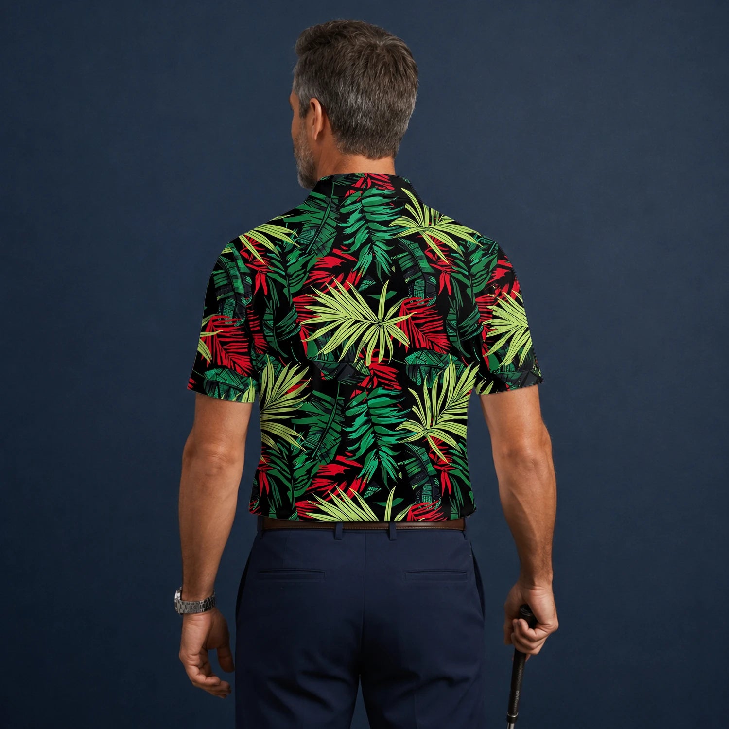 Personalisiertes Golf Poloshirt Schwarz Grün Rotes Tropisches Blätter Design für Herren U5191