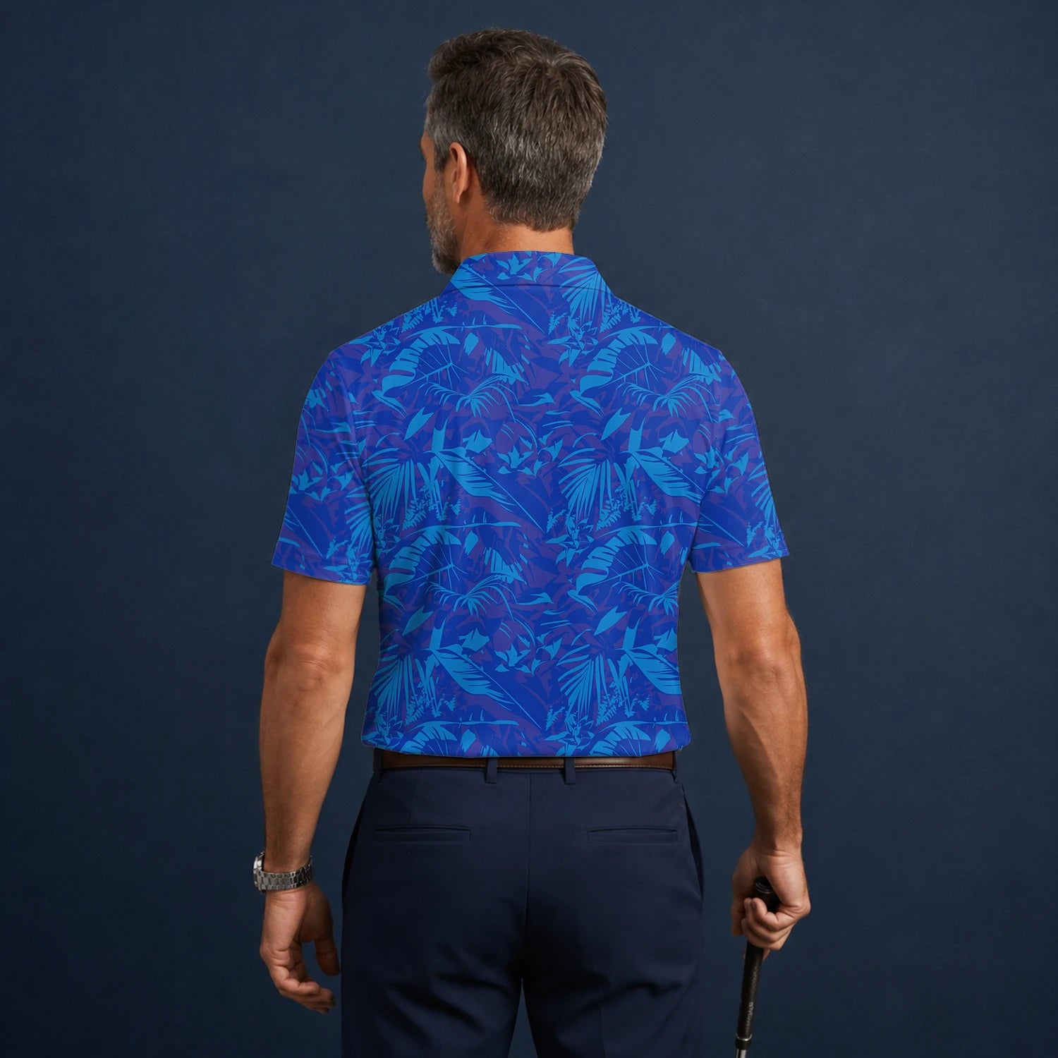 Personalisiertes Golf Poloshirt Blaues Tropisches Blätter Design für Herren Z7717