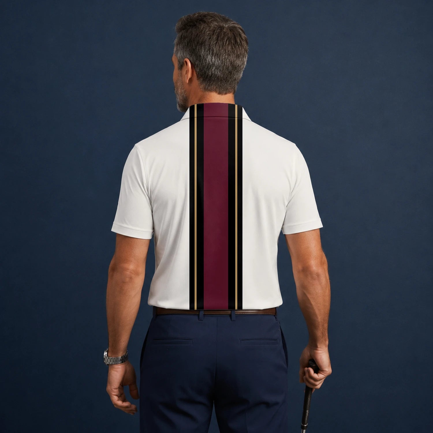 Personalisiertes Golf Poloshirt Weiß Bordeaux Schwarzes Rennstreifen Design für Herren G7028