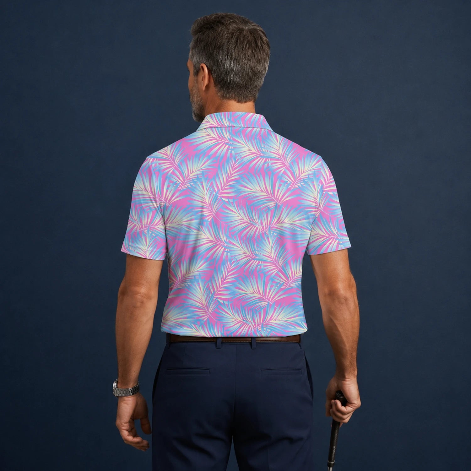 Personalisiertes Golf Poloshirt Rosa Blaues Palmenblätter Design für Herren F1458