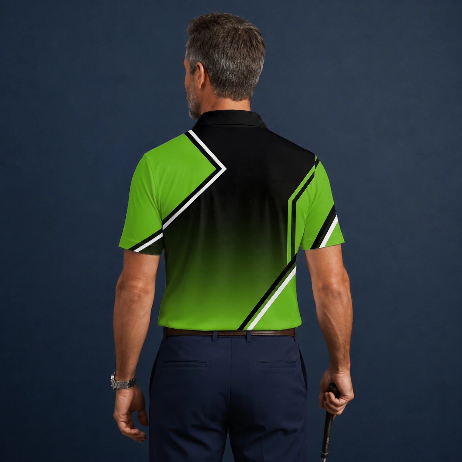 Personalisiertes Golf Poloshirt Schwarz Grünes Geometrisches Streifen Design für Herren V2638