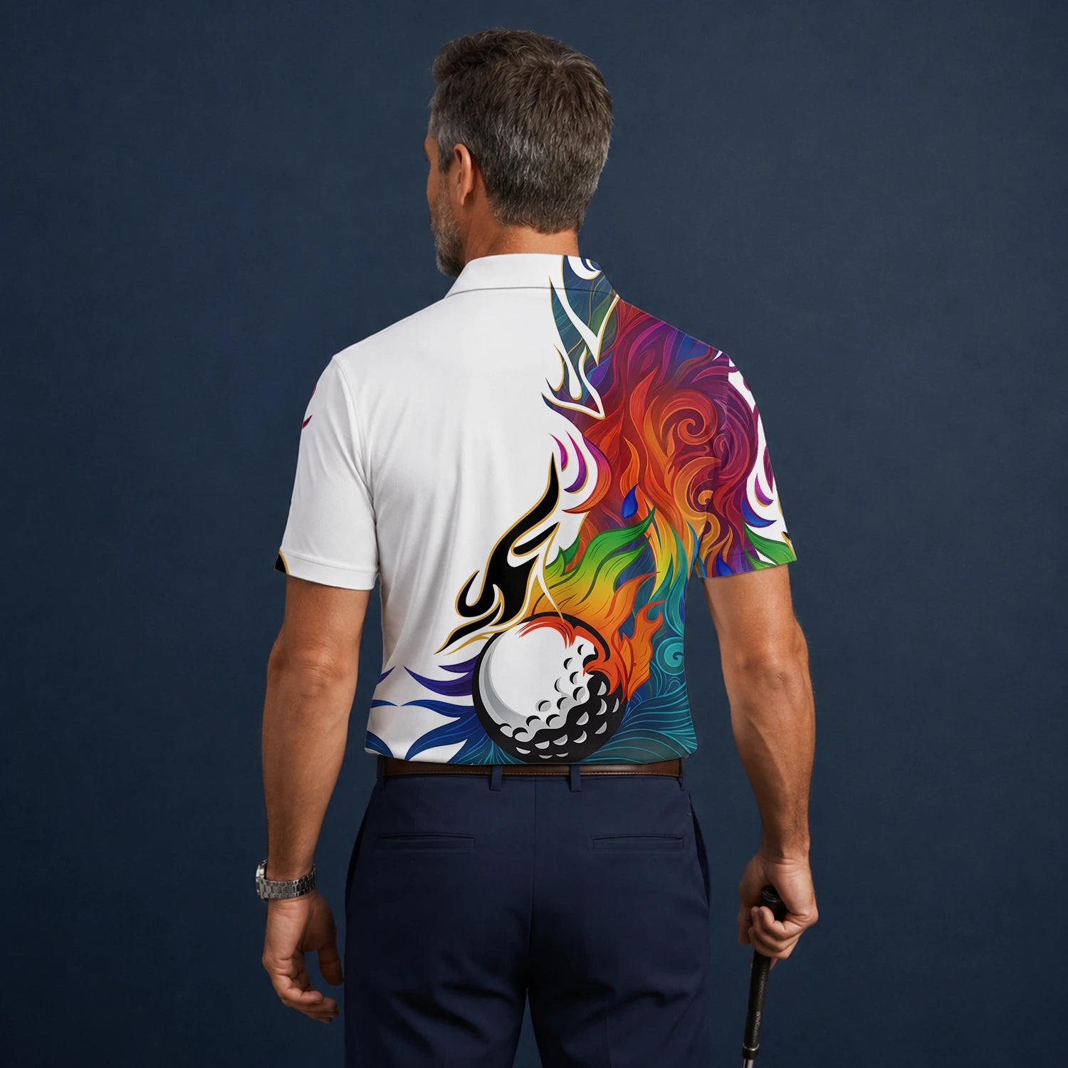 Personalisiertes Golf Poloshirt Weißes Regenbogen Flammen Golfball Design für Herren P6012