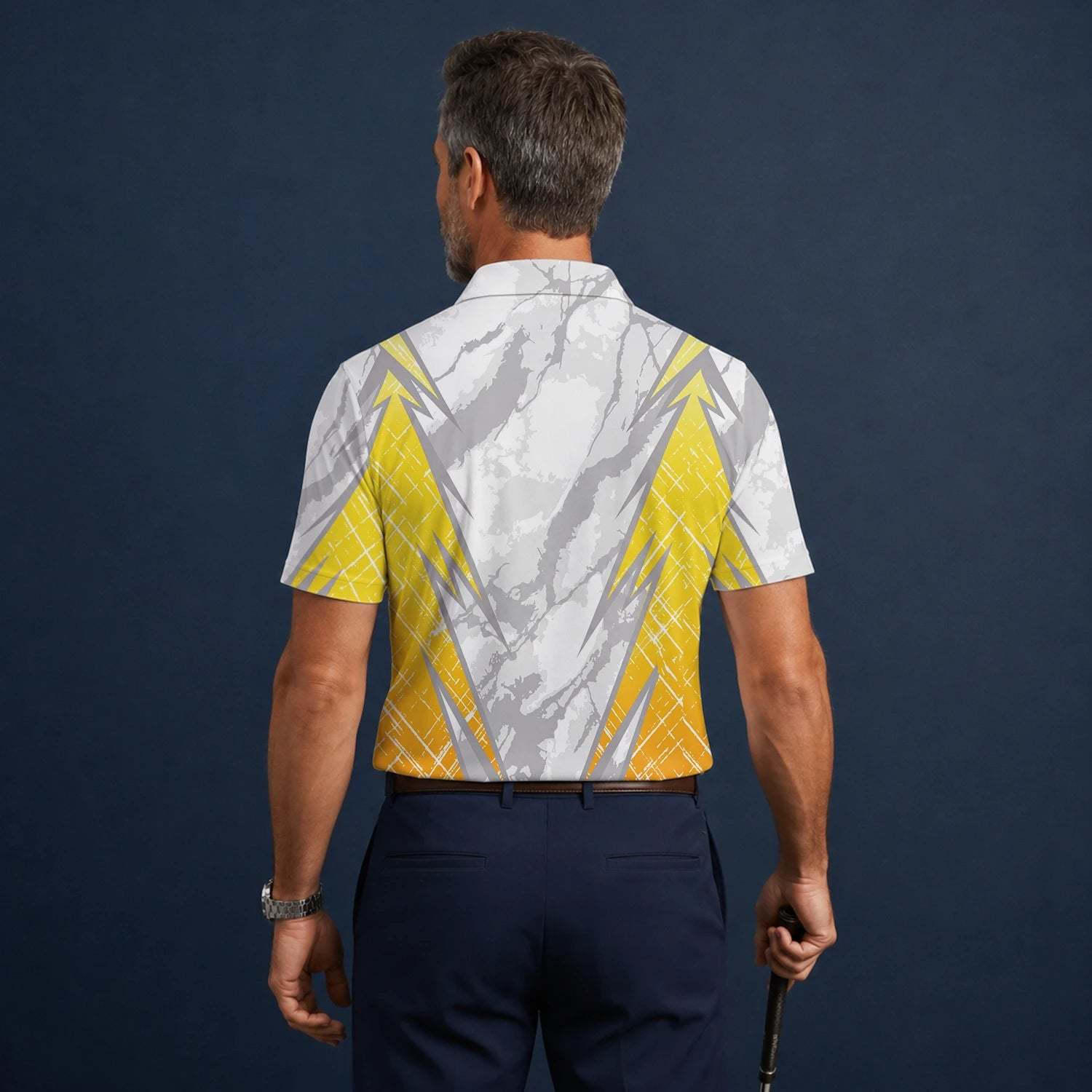 Personalisiertes Golf Poloshirt Weiß Grau Gelbes Marmor Streifen Design für Herren T6326