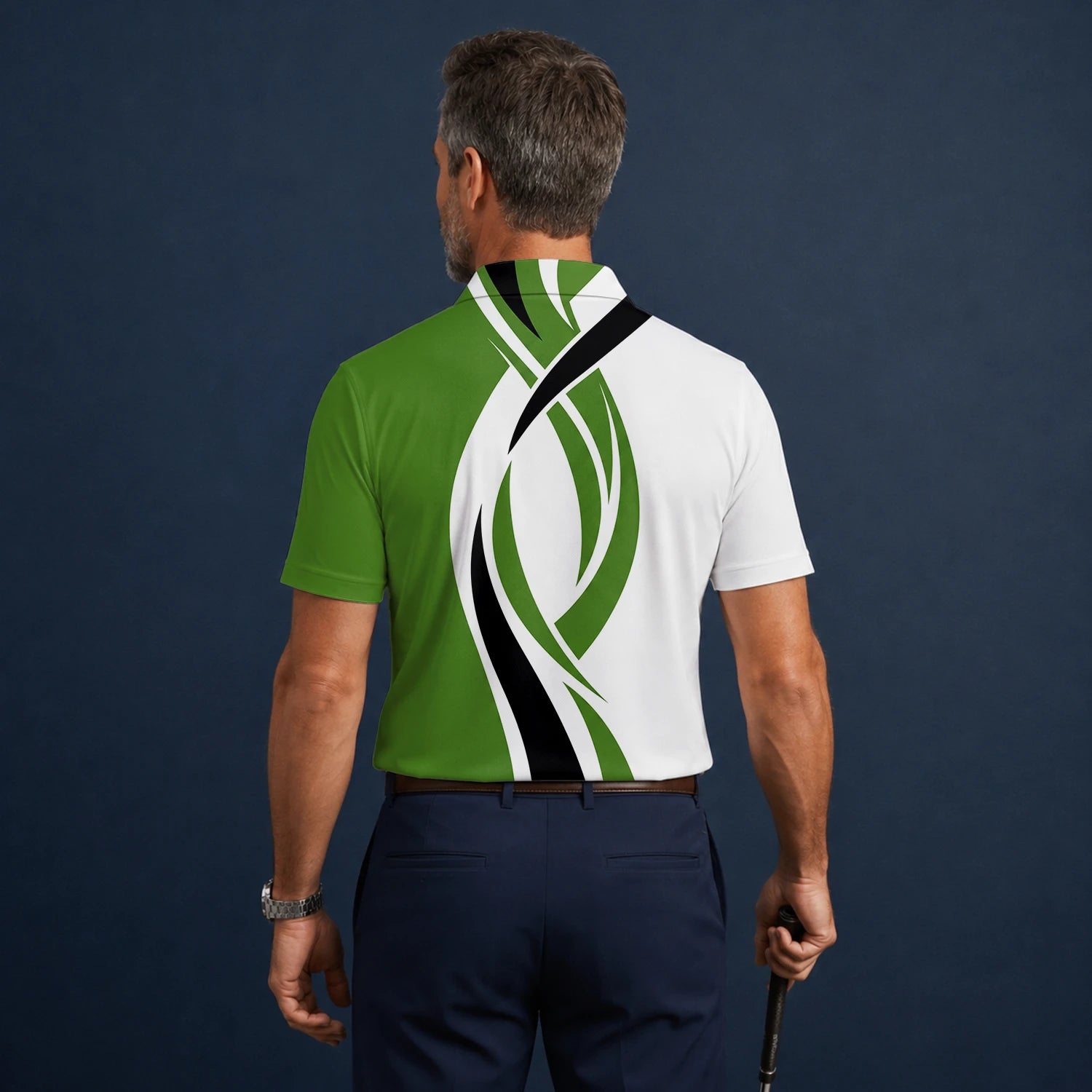 Personalisiertes Golf Poloshirt Weiß Grün Schwarzes Abstraktes Wellen Design für Herren P7352